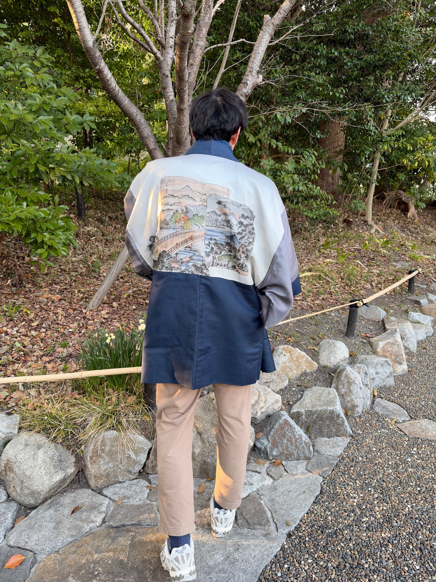 Vintage Navy Blue Haori with Sansui Landscape Painting (For Men)
