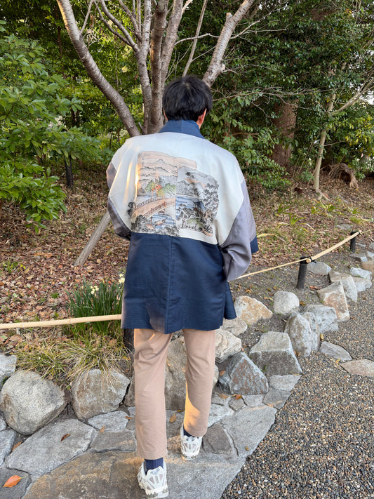 Vintage Navy Blue Haori with Sansui Landscape Painting (For Men)