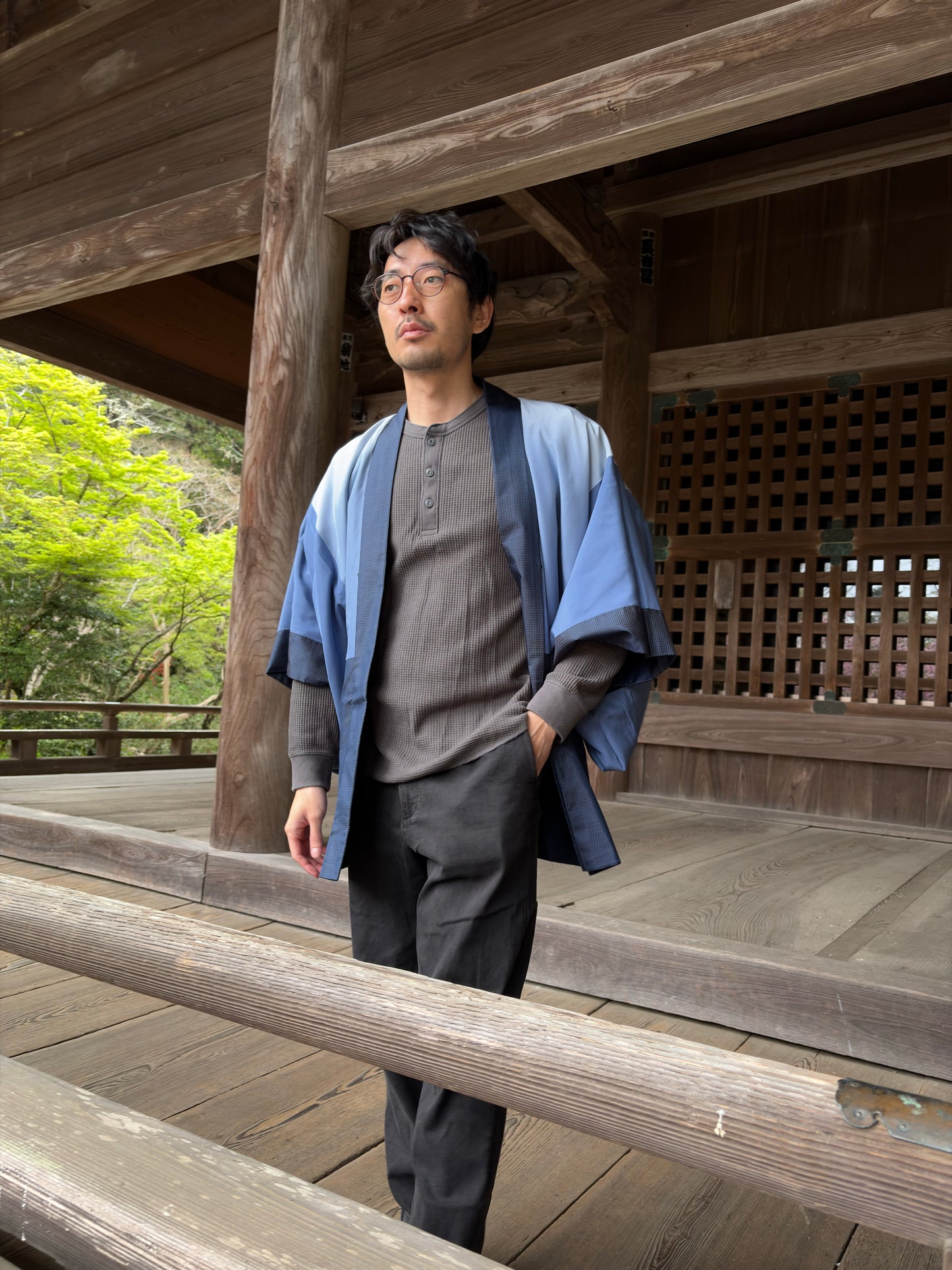 Vintage navy men's haori styled with a modern outfit