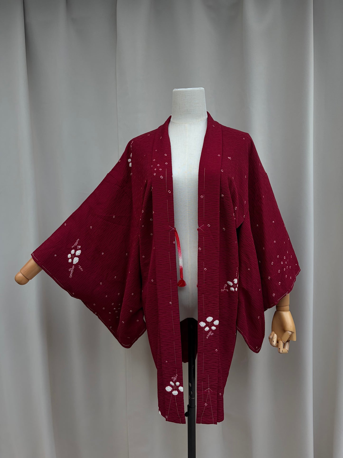 Vintage Burgundy Shibori Haori with Botanical Motifs