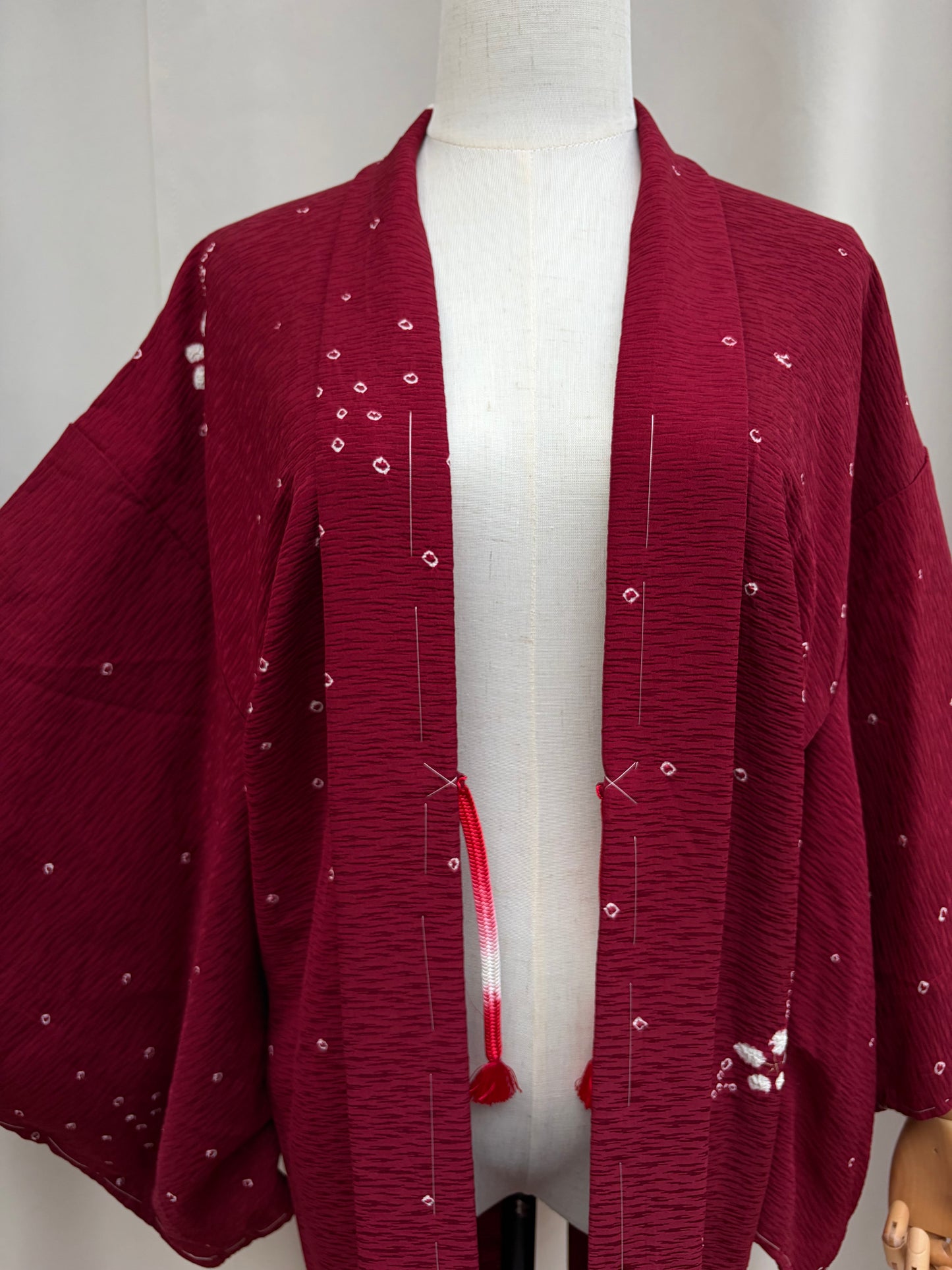 Vintage Burgundy Shibori Haori with Botanical Motifs