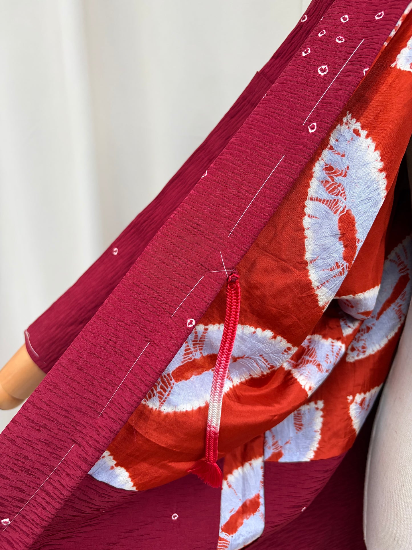 Vintage Burgundy Shibori Haori with Botanical Motifs