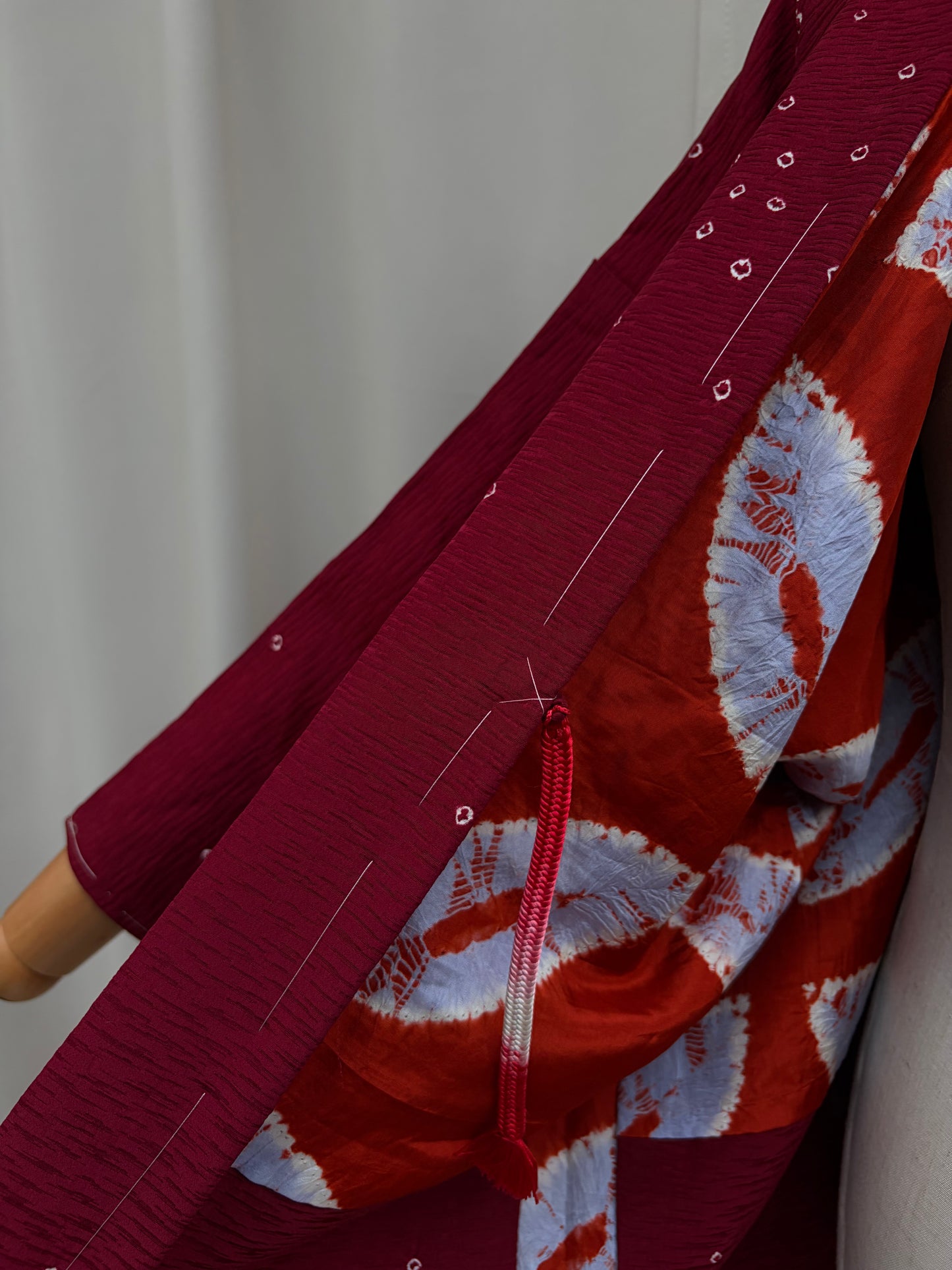 Vintage Burgundy Shibori Haori with Botanical Motifs