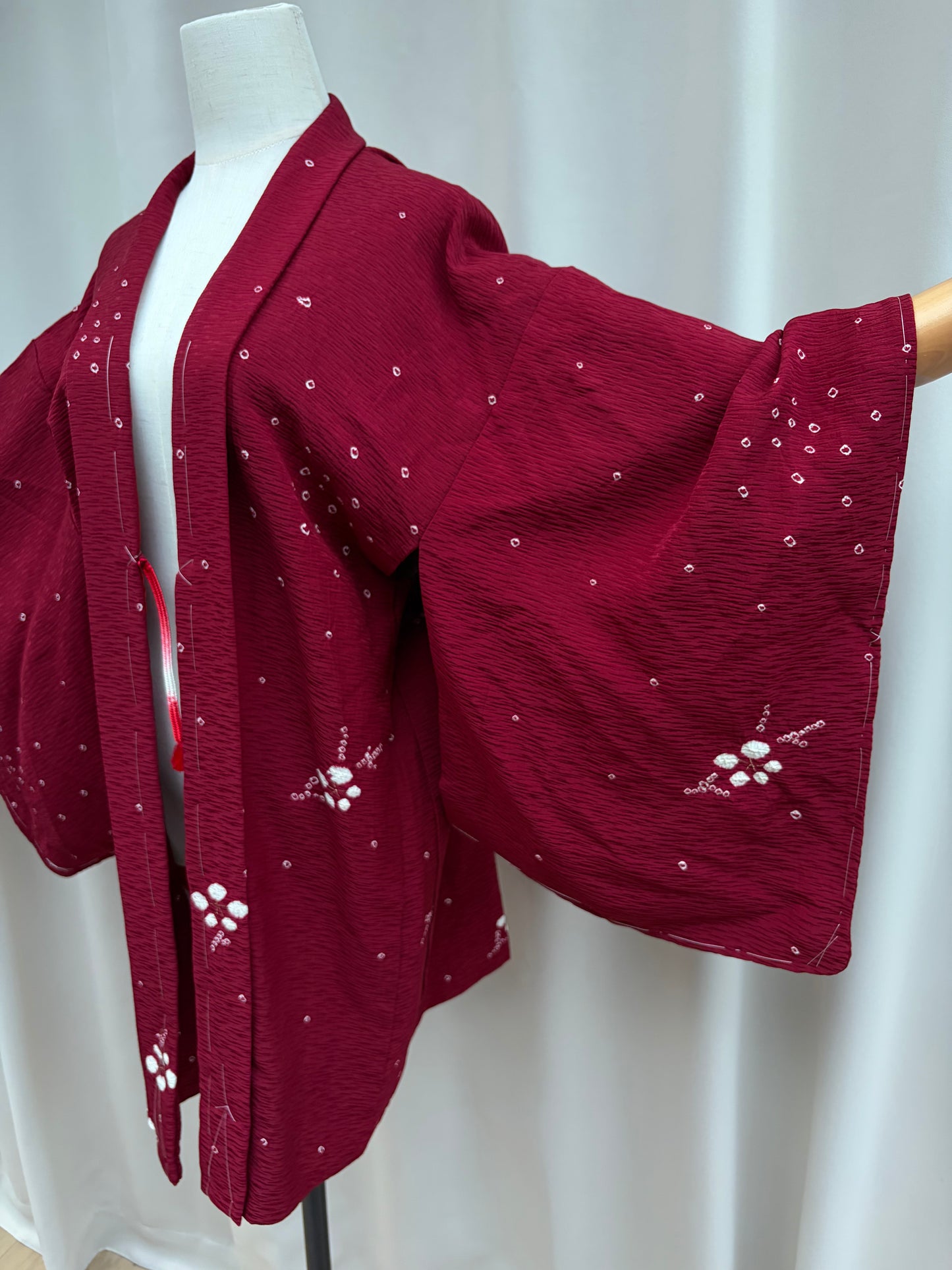 Vintage Burgundy Shibori Haori with Botanical Motifs