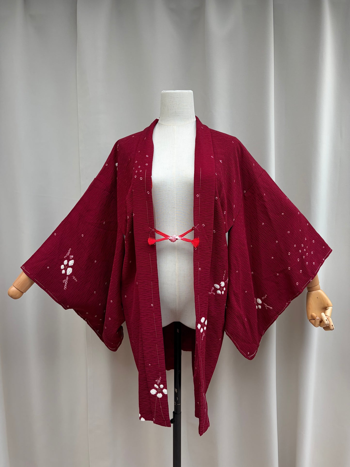 Vintage Burgundy Shibori Haori with Botanical Motifs