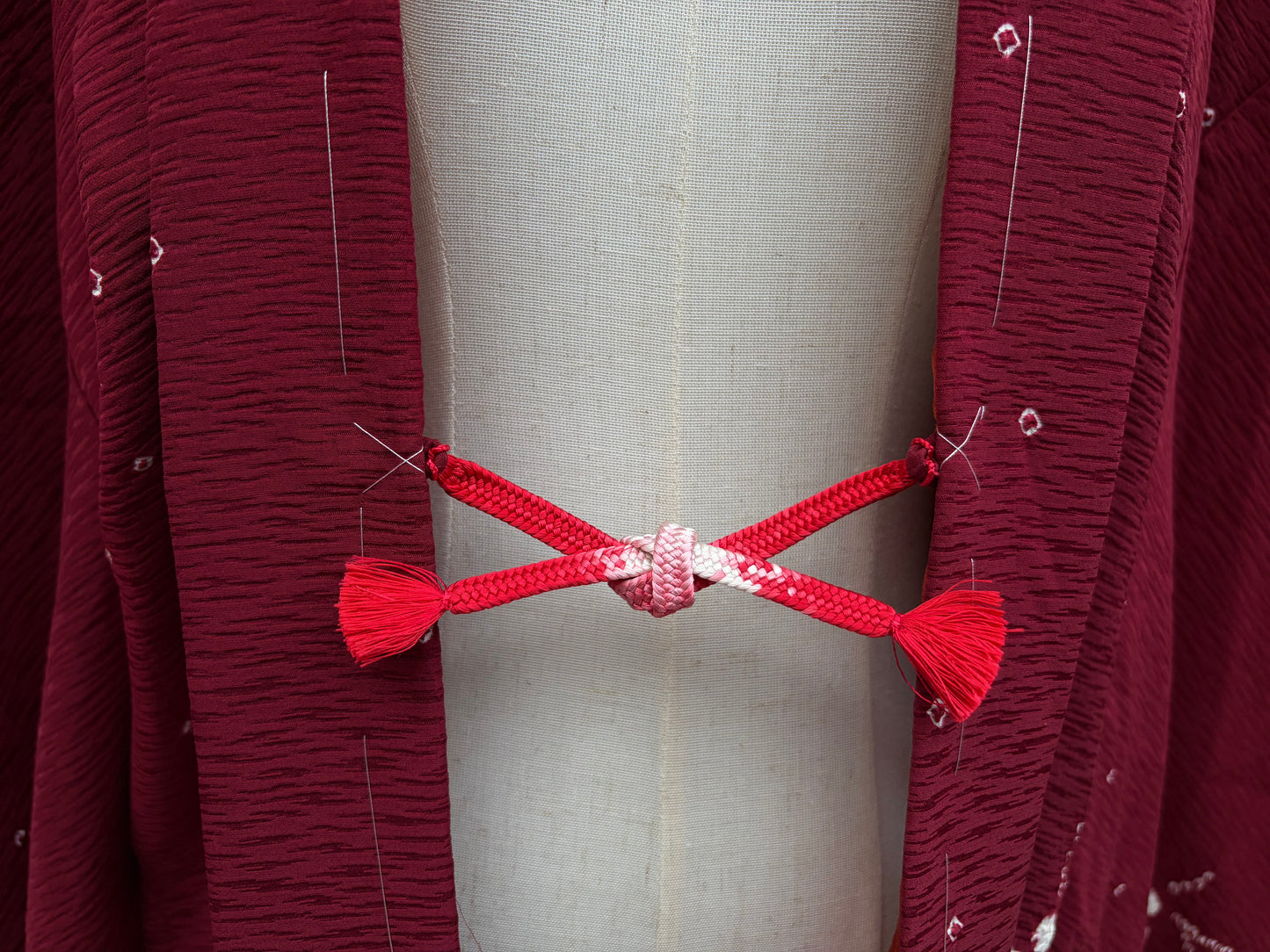 Vintage Burgundy Shibori Haori with Botanical Motifs