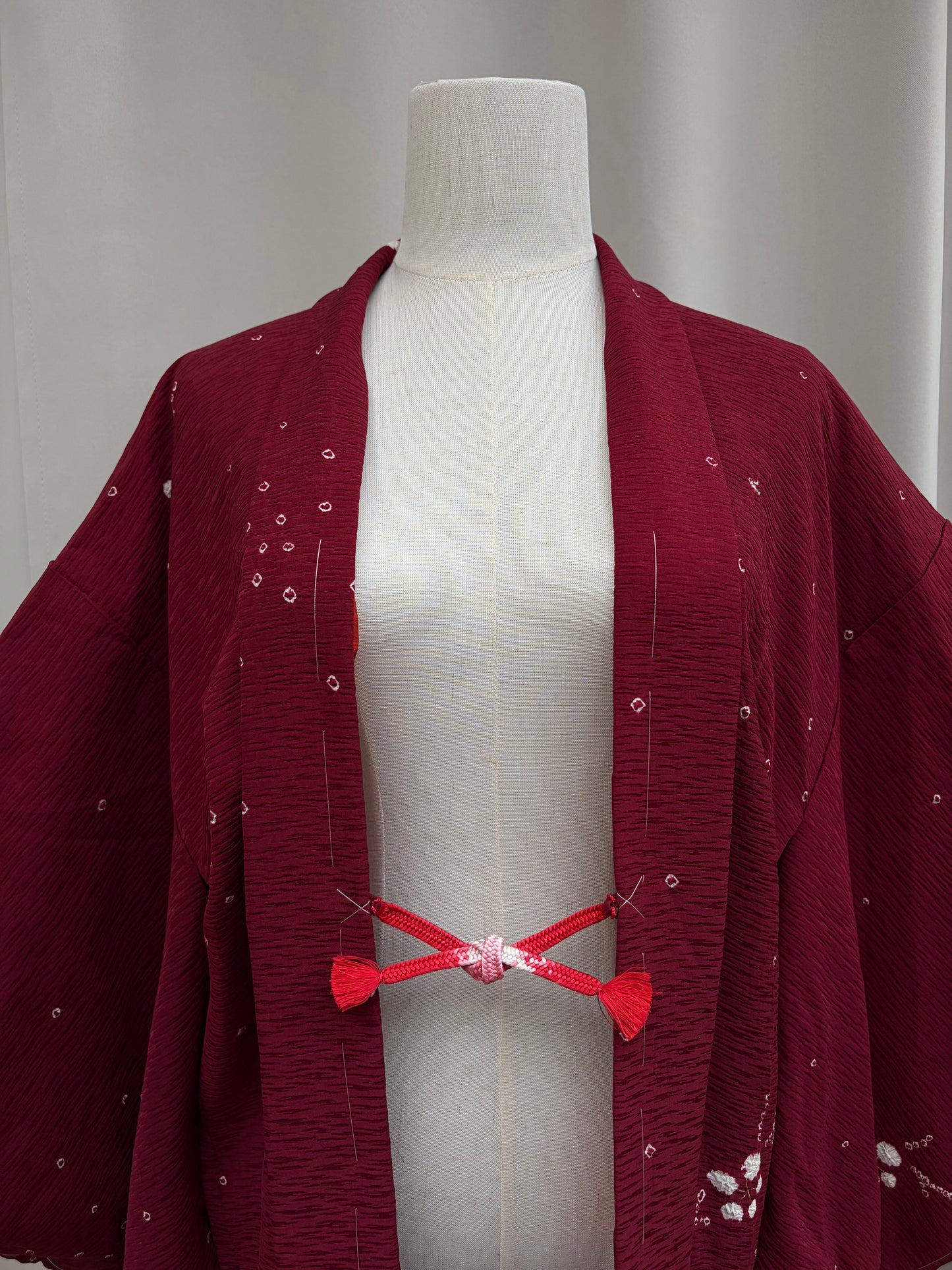 Vintage Burgundy Shibori Haori with Botanical Motifs