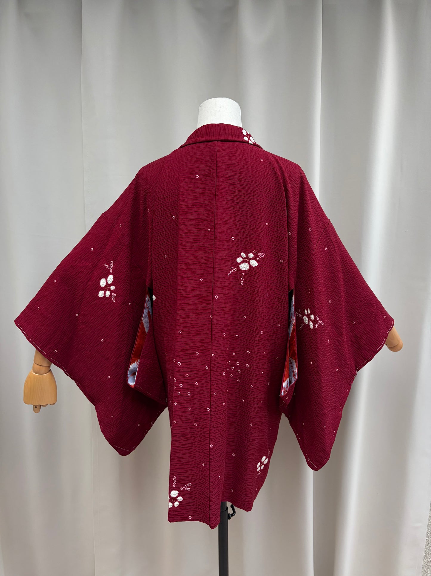 Vintage Burgundy Shibori Haori with Botanical Motifs