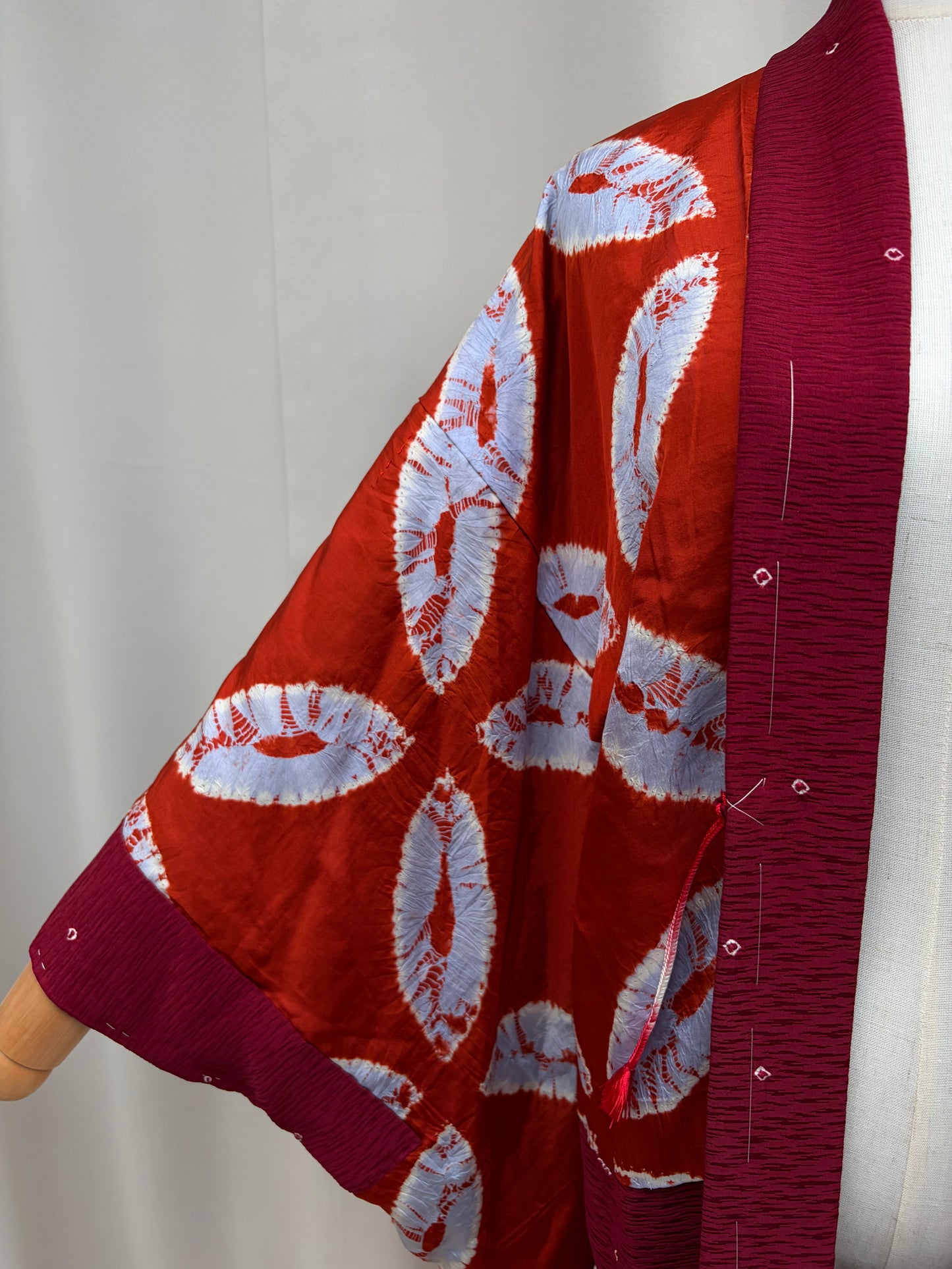 Vintage Burgundy Shibori Haori with Botanical Motifs