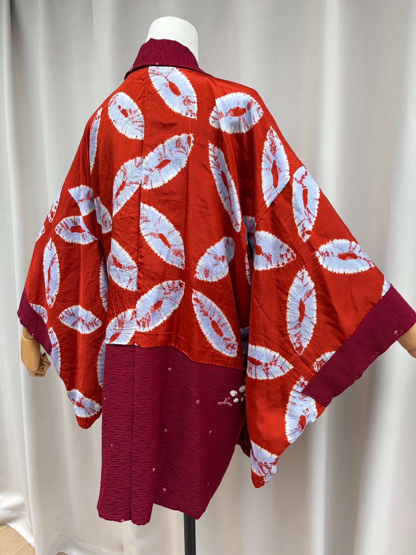 Vintage Burgundy Shibori Haori with Botanical Motifs