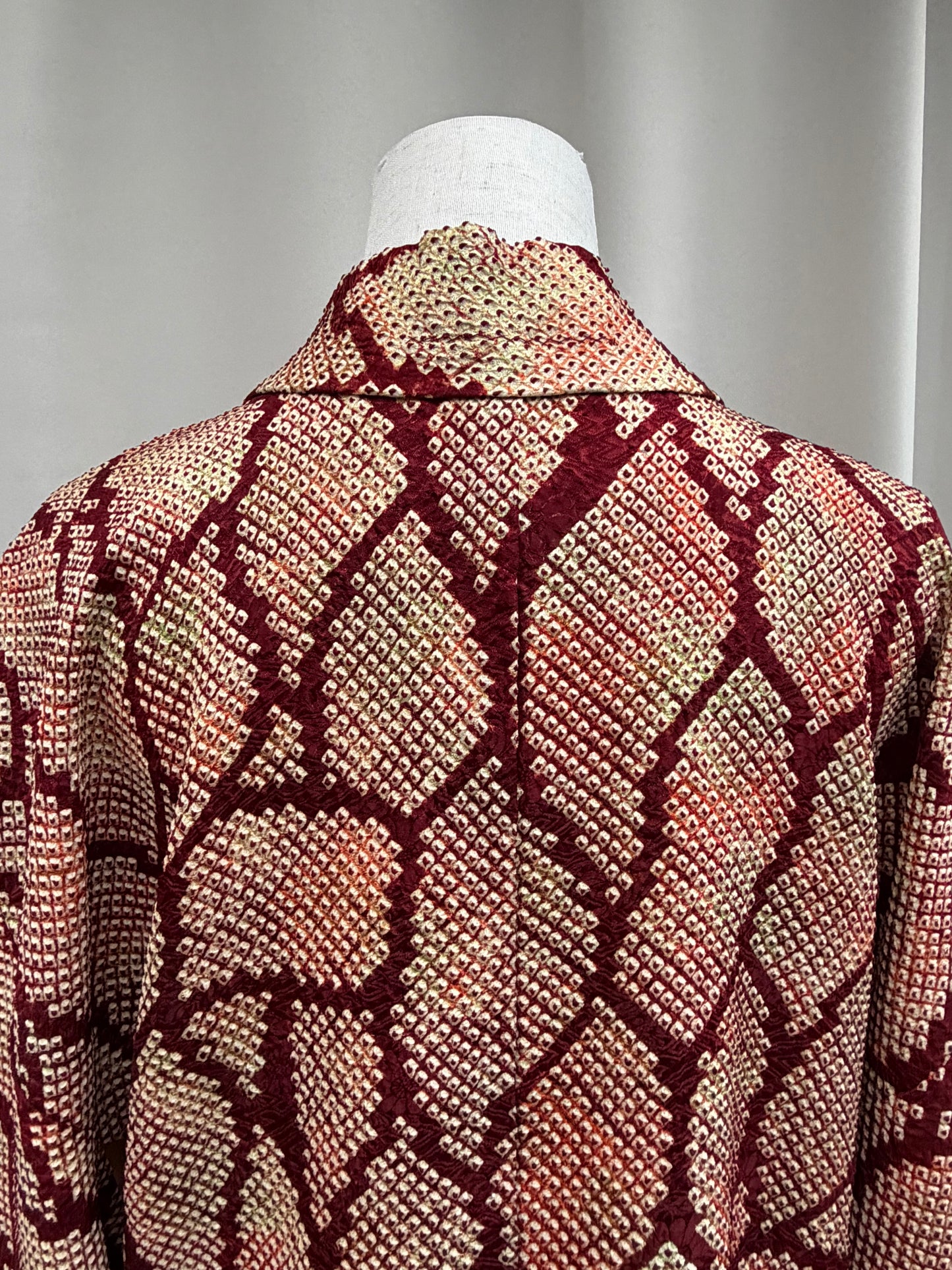 Vintage Burgundy Shibori Haori with Karuta Poetry Card Lining