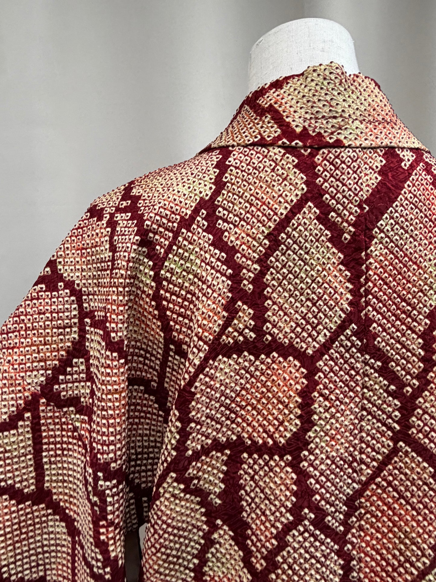Vintage Burgundy Shibori Haori with Karuta Poetry Card Lining