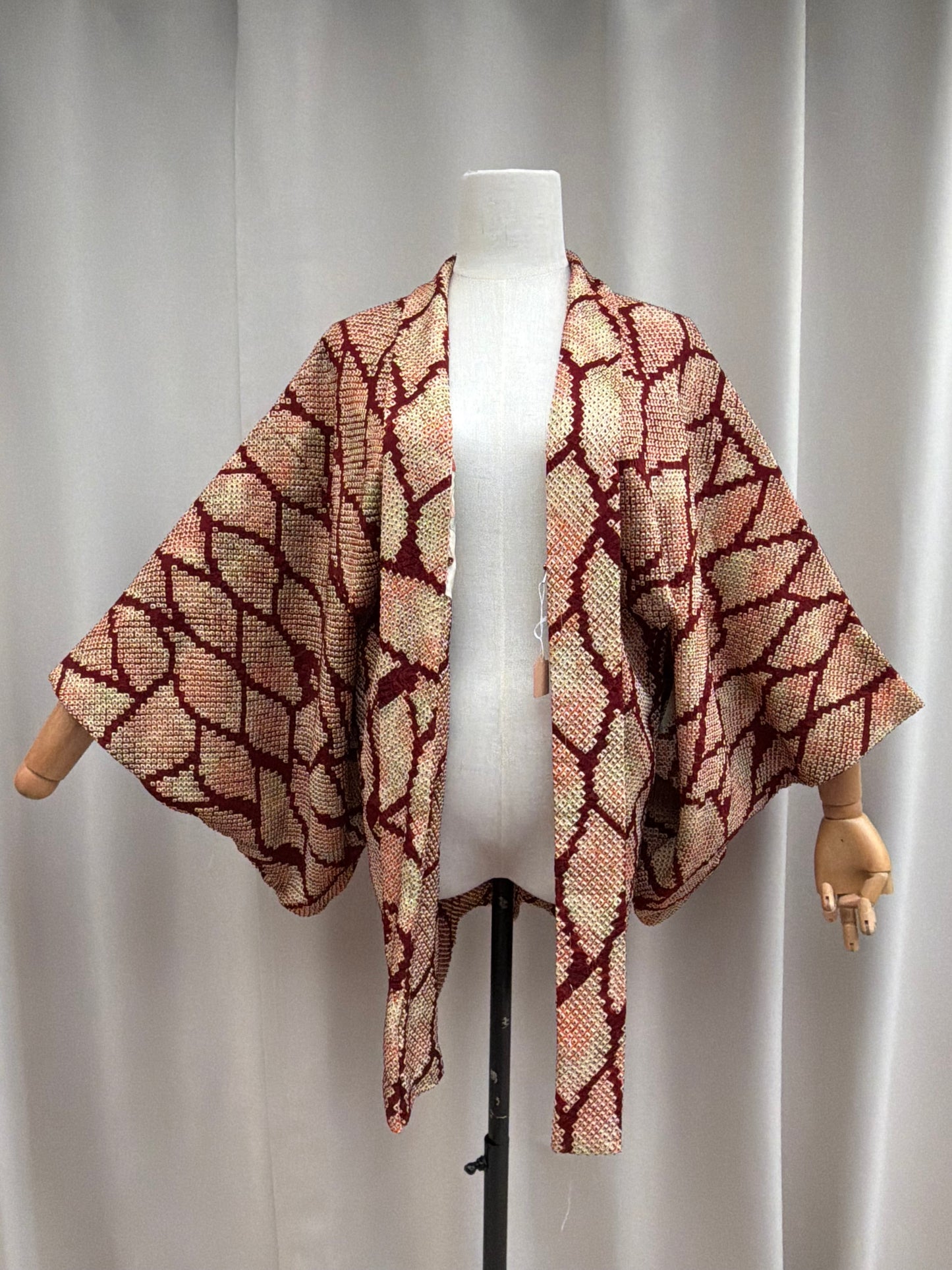 Vintage Burgundy Shibori Haori with Karuta Poetry Card Lining