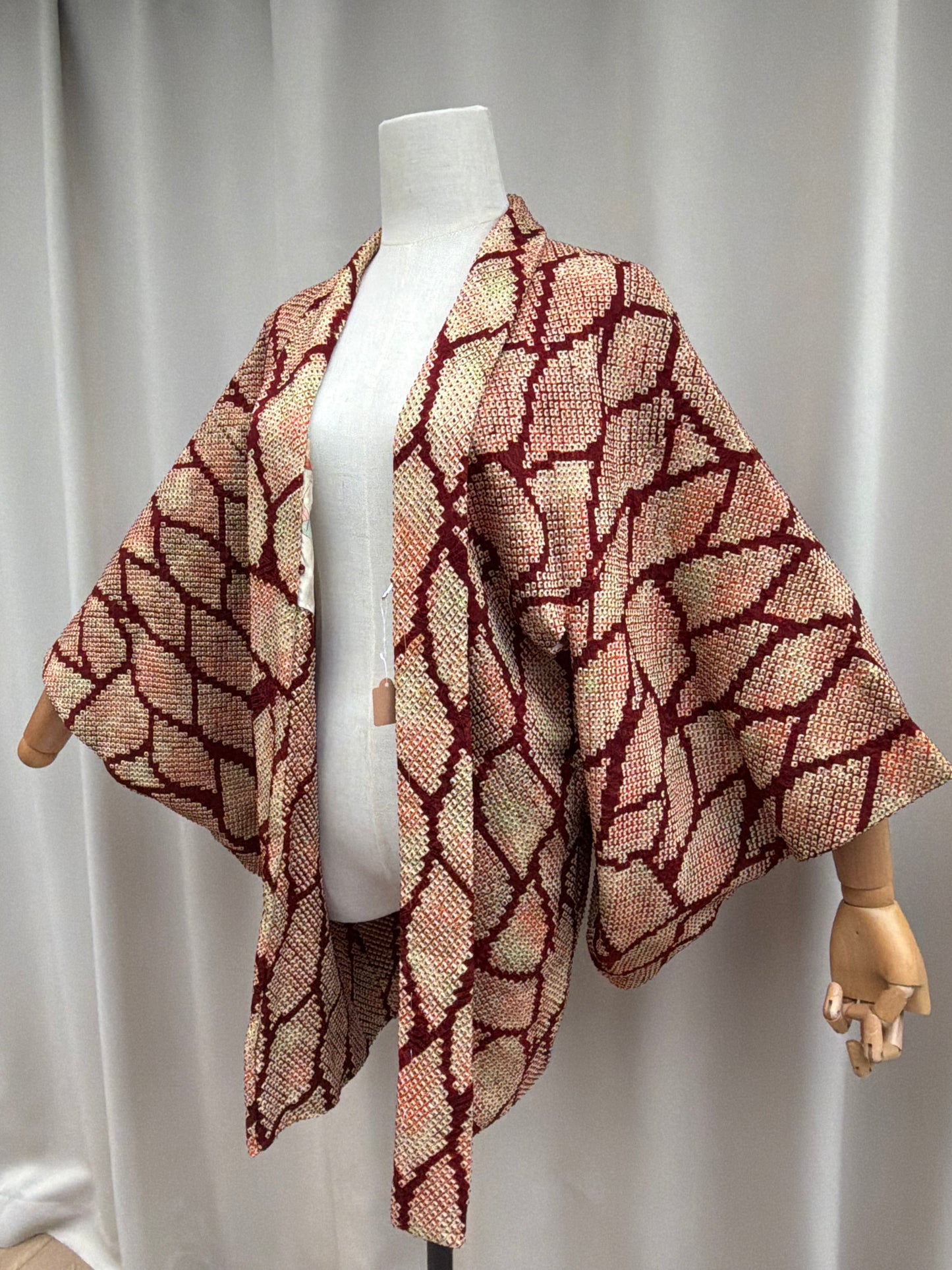 Vintage Burgundy Shibori Haori with Karuta Poetry Card Lining