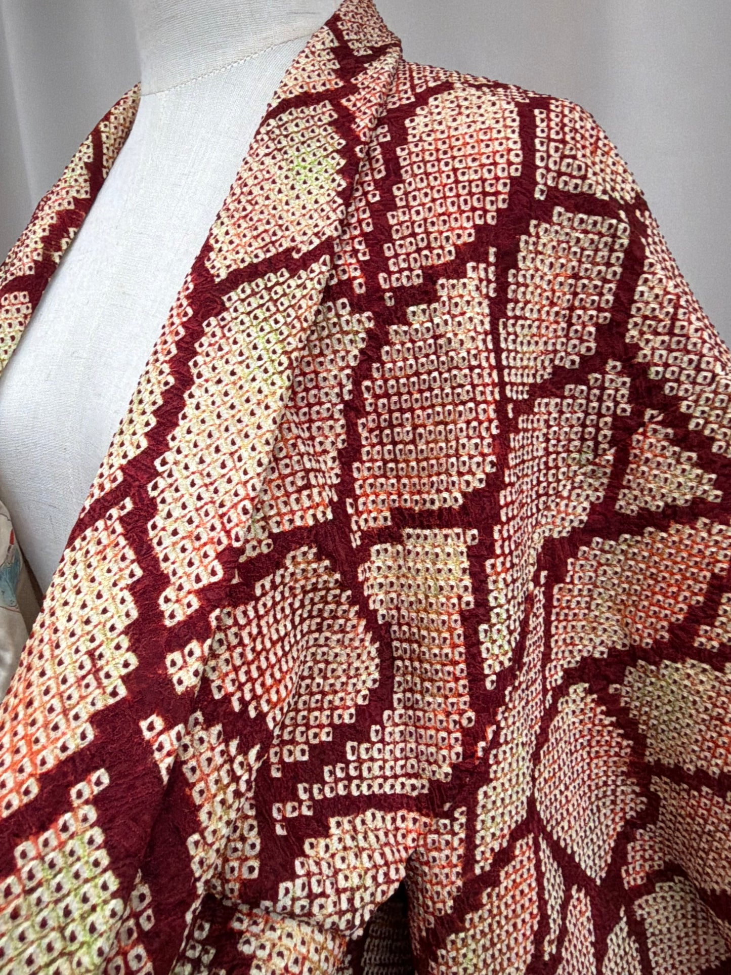 Vintage Burgundy Shibori Haori with Karuta Poetry Card Lining