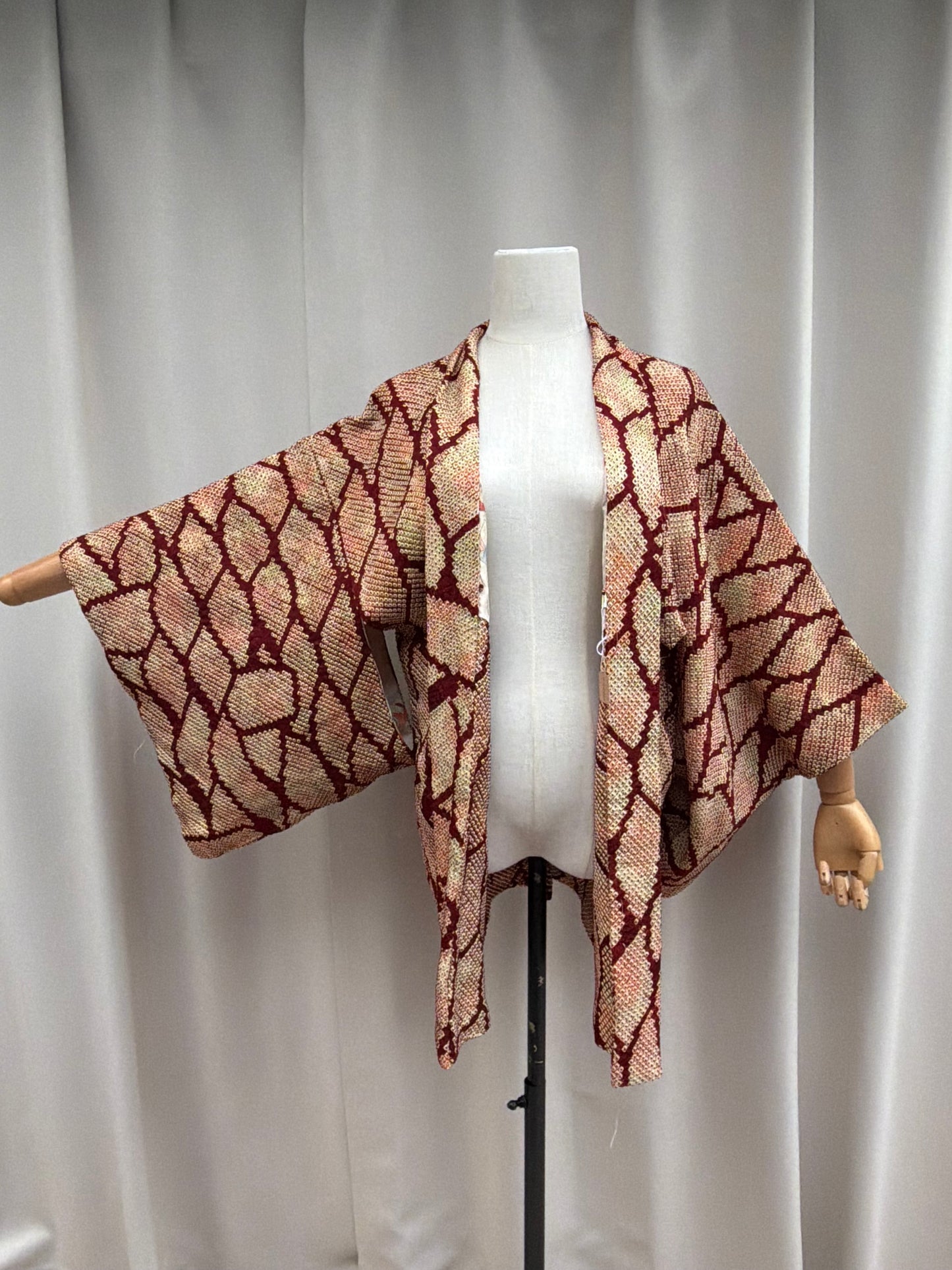 Vintage Burgundy Shibori Haori with Karuta Poetry Card Lining