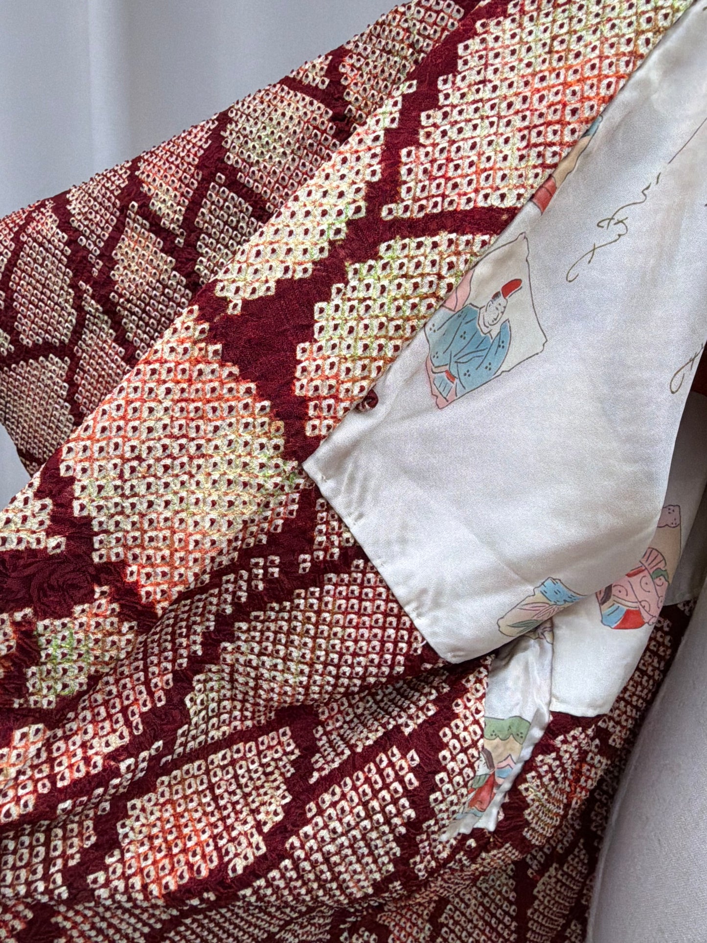 Vintage Burgundy Shibori Haori with Karuta Poetry Card Lining