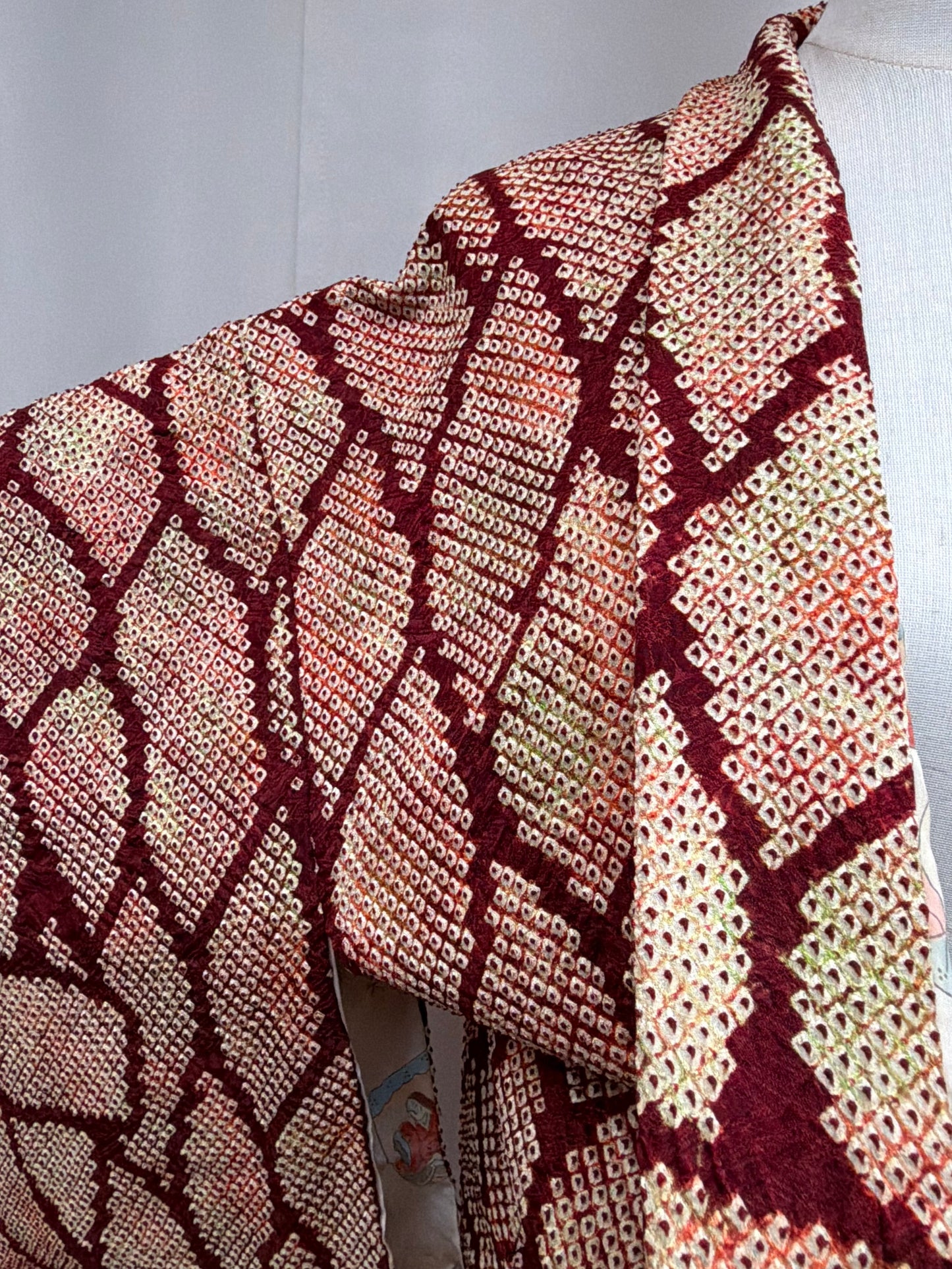 Vintage Burgundy Shibori Haori with Karuta Poetry Card Lining