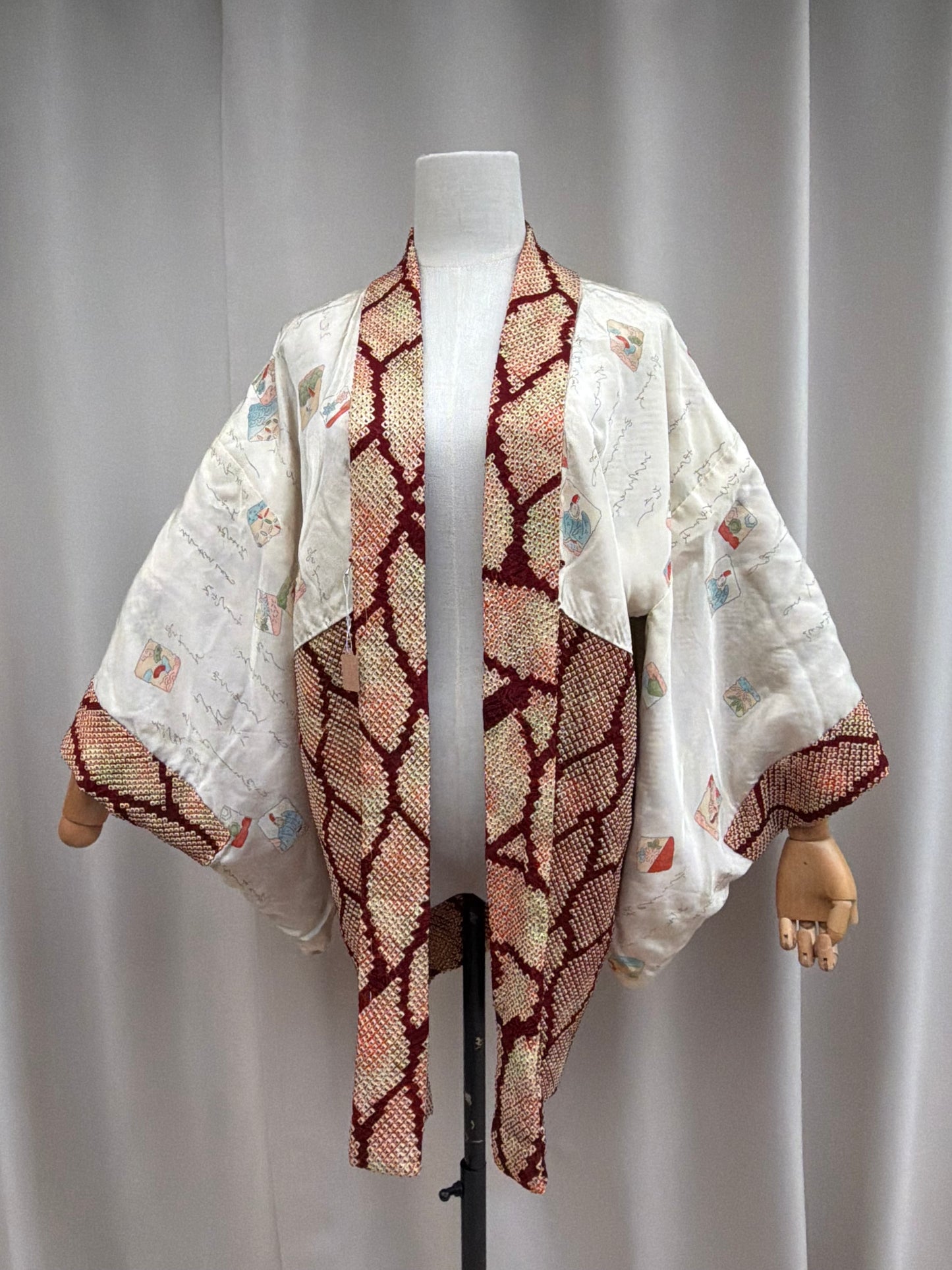 Vintage Burgundy Shibori Haori with Karuta Poetry Card Lining