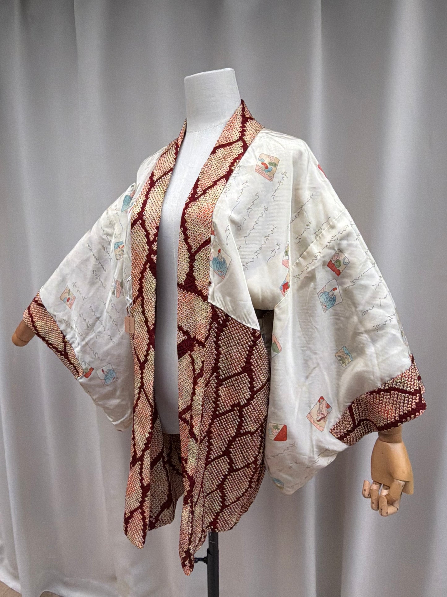 Vintage Burgundy Shibori Haori with Karuta Poetry Card Lining