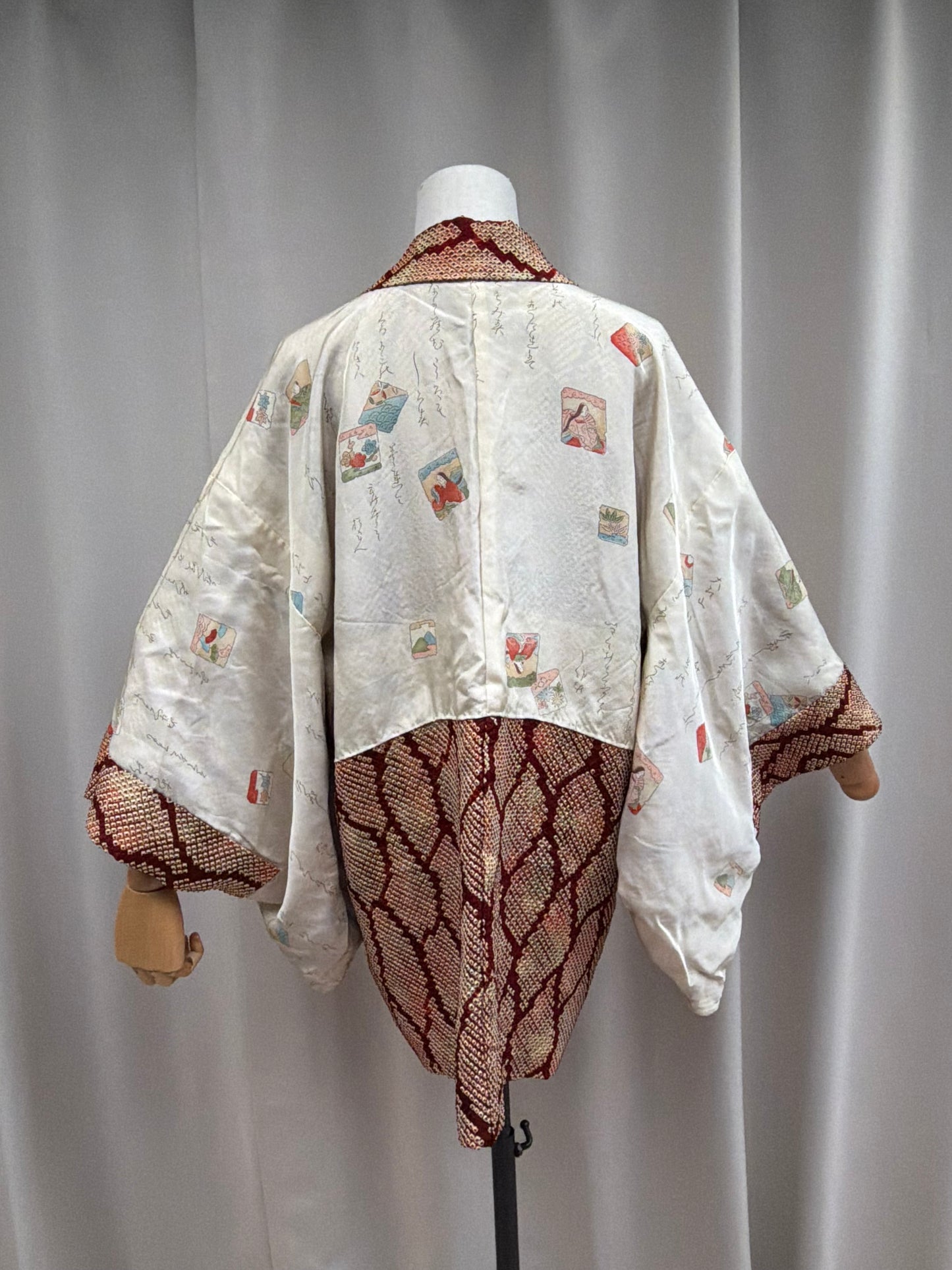 Vintage Burgundy Shibori Haori with Karuta Poetry Card Lining