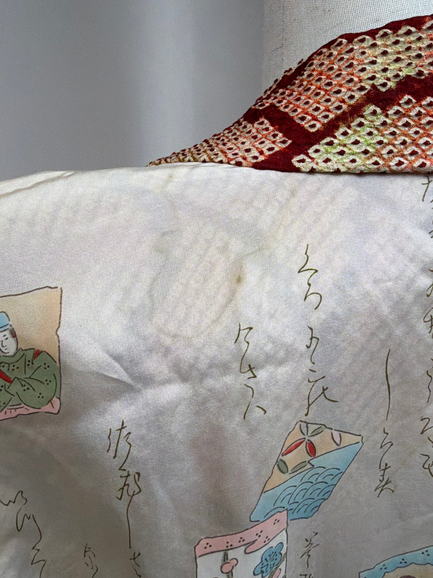 Vintage Burgundy Shibori Haori with Karuta Poetry Card Lining