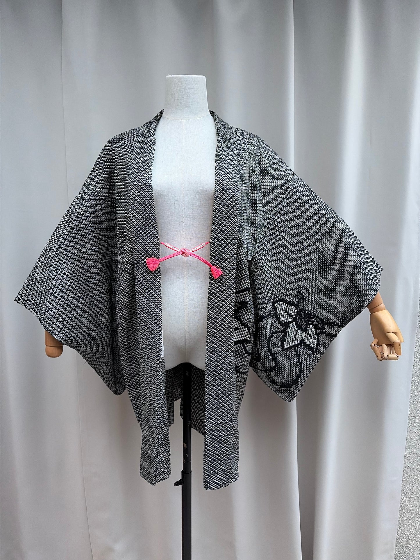 Vintage Black Shibori Haori with Chrysanthemum Motif