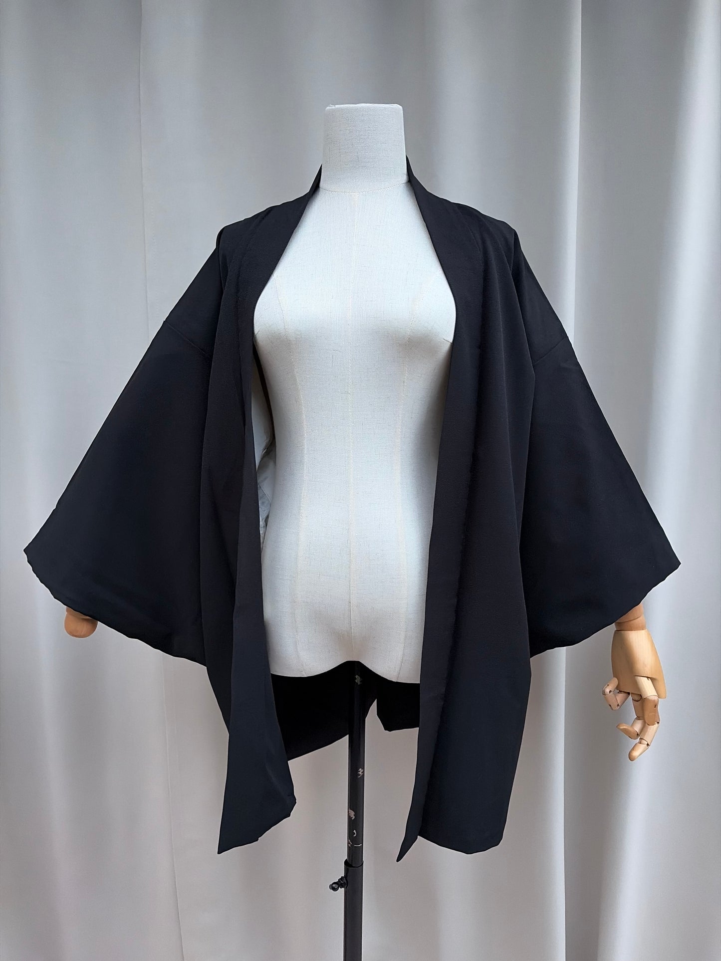 Vintage Black Haori with Hand-Painted Fan and Peony Motif