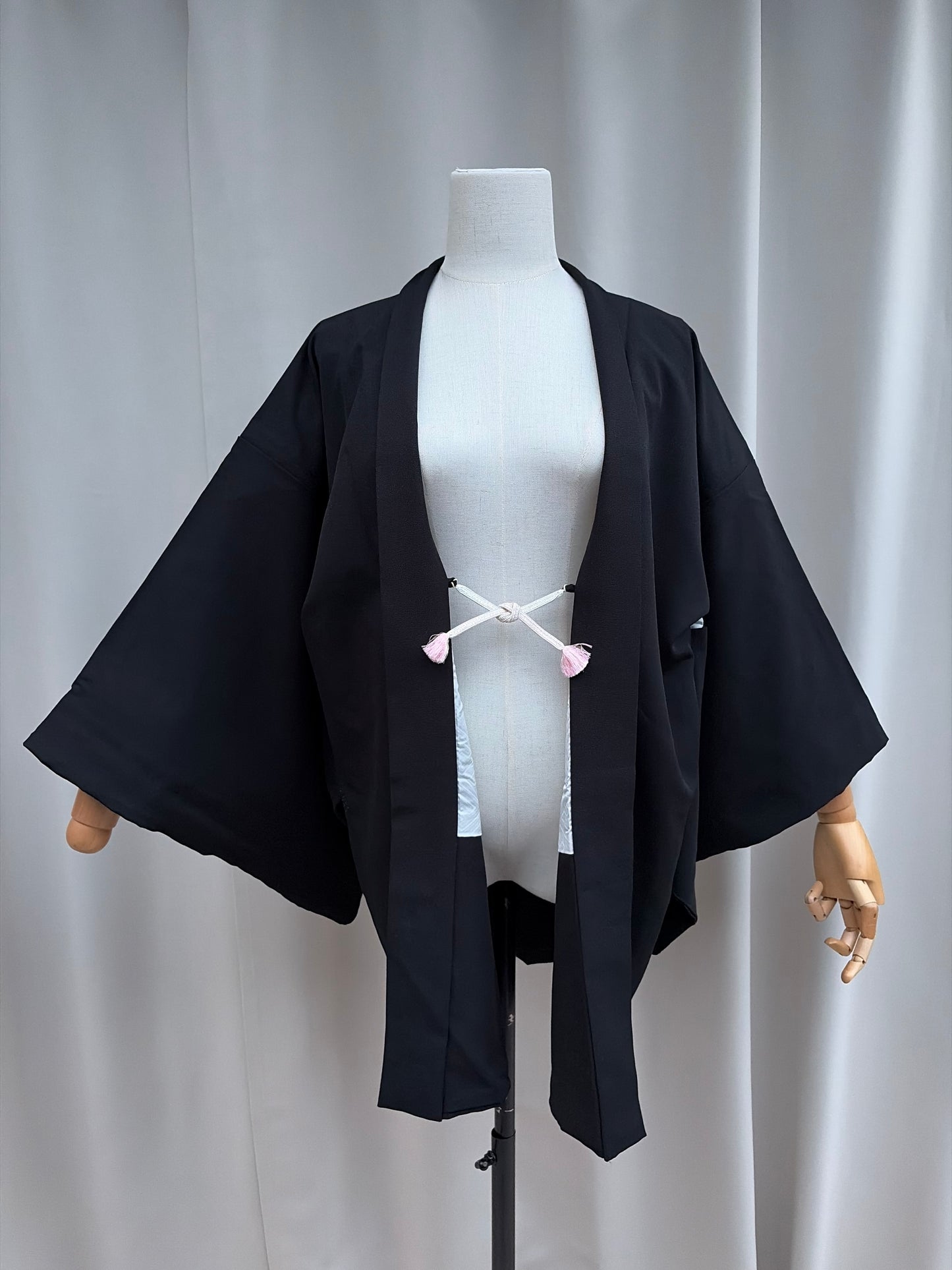 Vintage Black Haori with Hand-Painted Fan and Peony Motif