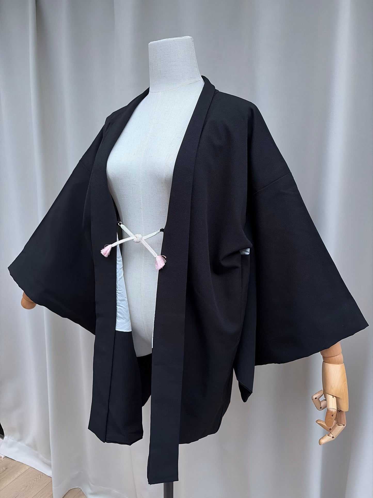Vintage Black Haori with Hand-Painted Fan and Peony Motif