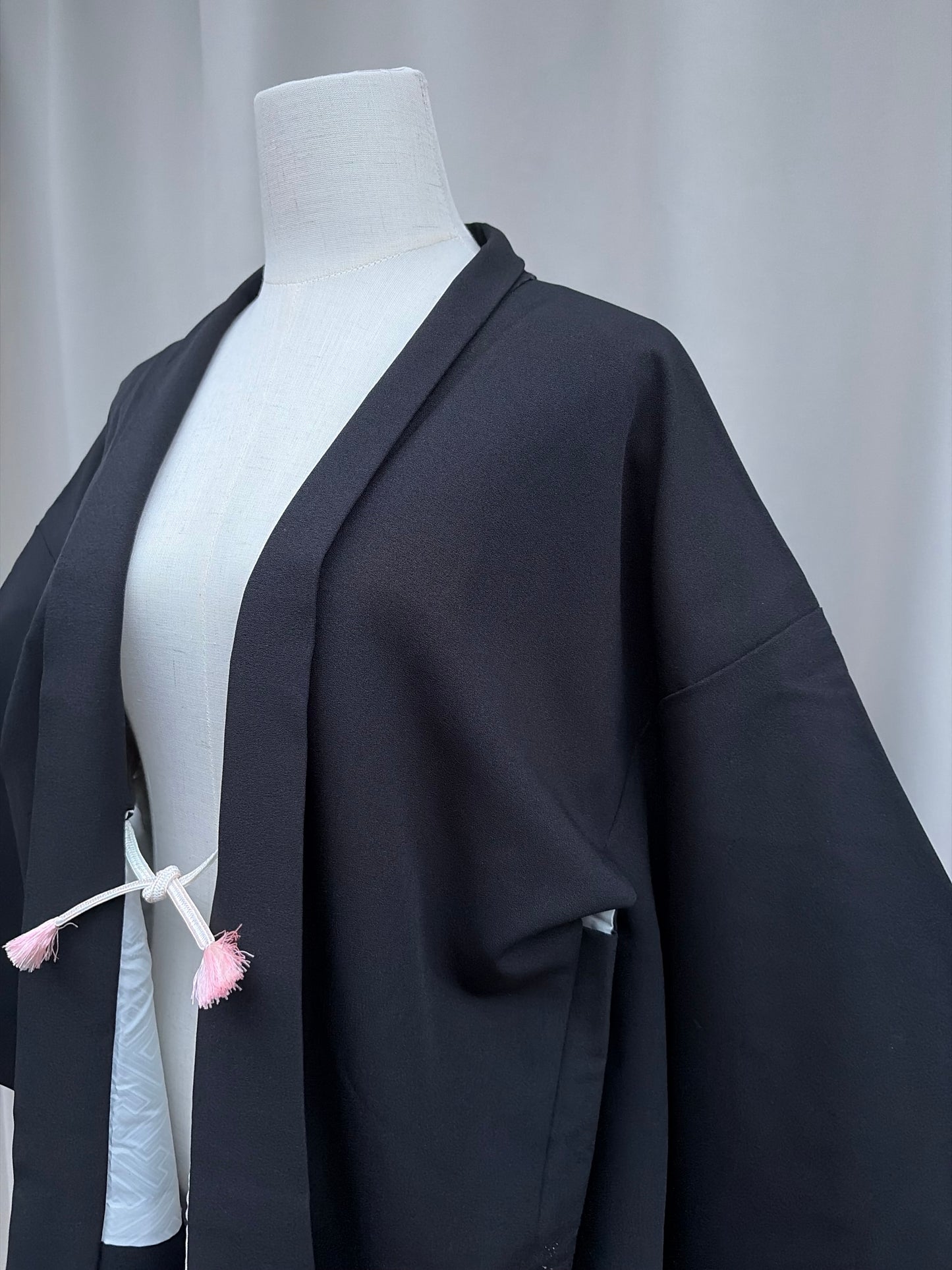Vintage Black Haori with Hand-Painted Fan and Peony Motif