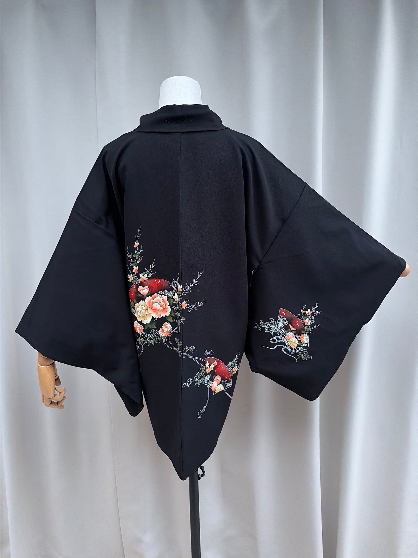 Vintage Black Haori with Hand-Painted Fan and Peony Motif