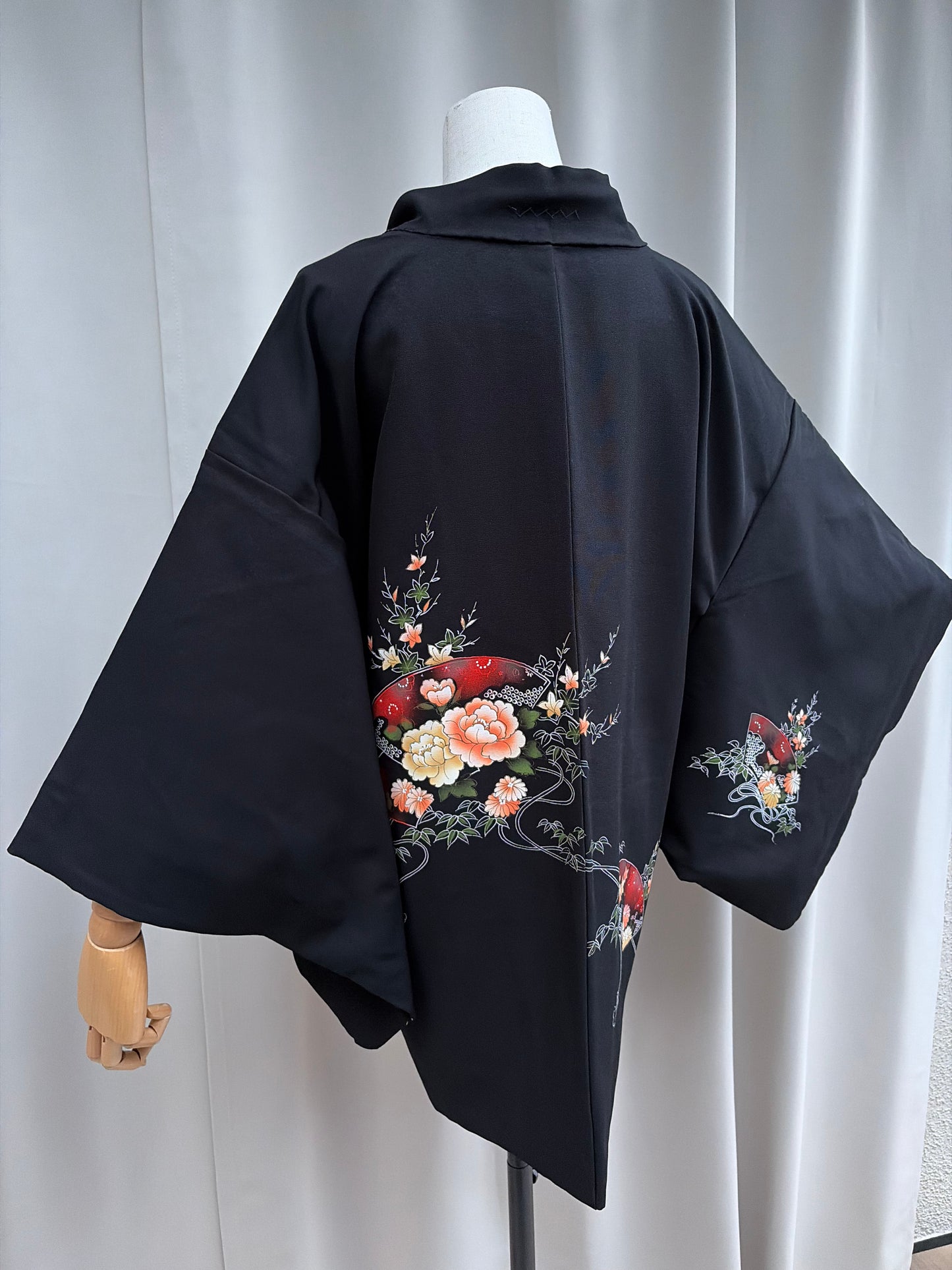 Vintage Black Haori with Hand-Painted Fan and Peony Motif