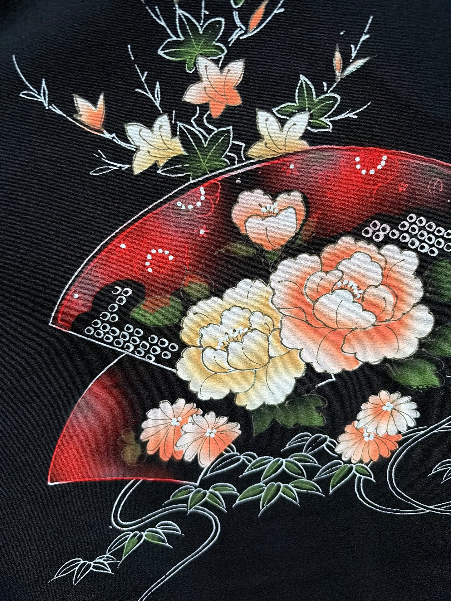 Vintage Black Haori with Hand-Painted Fan and Peony Motif