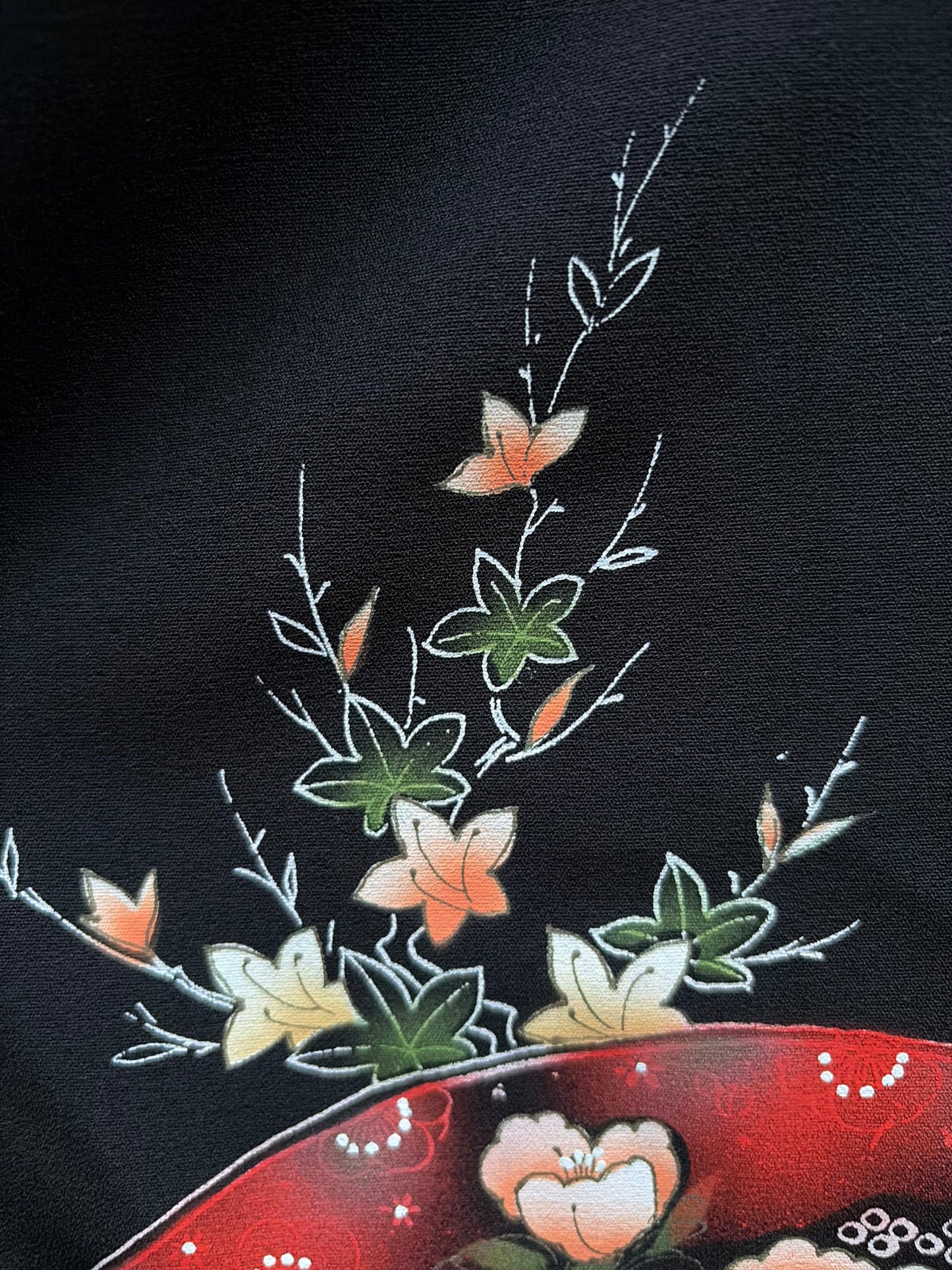 Vintage Black Haori with Hand-Painted Fan and Peony Motif
