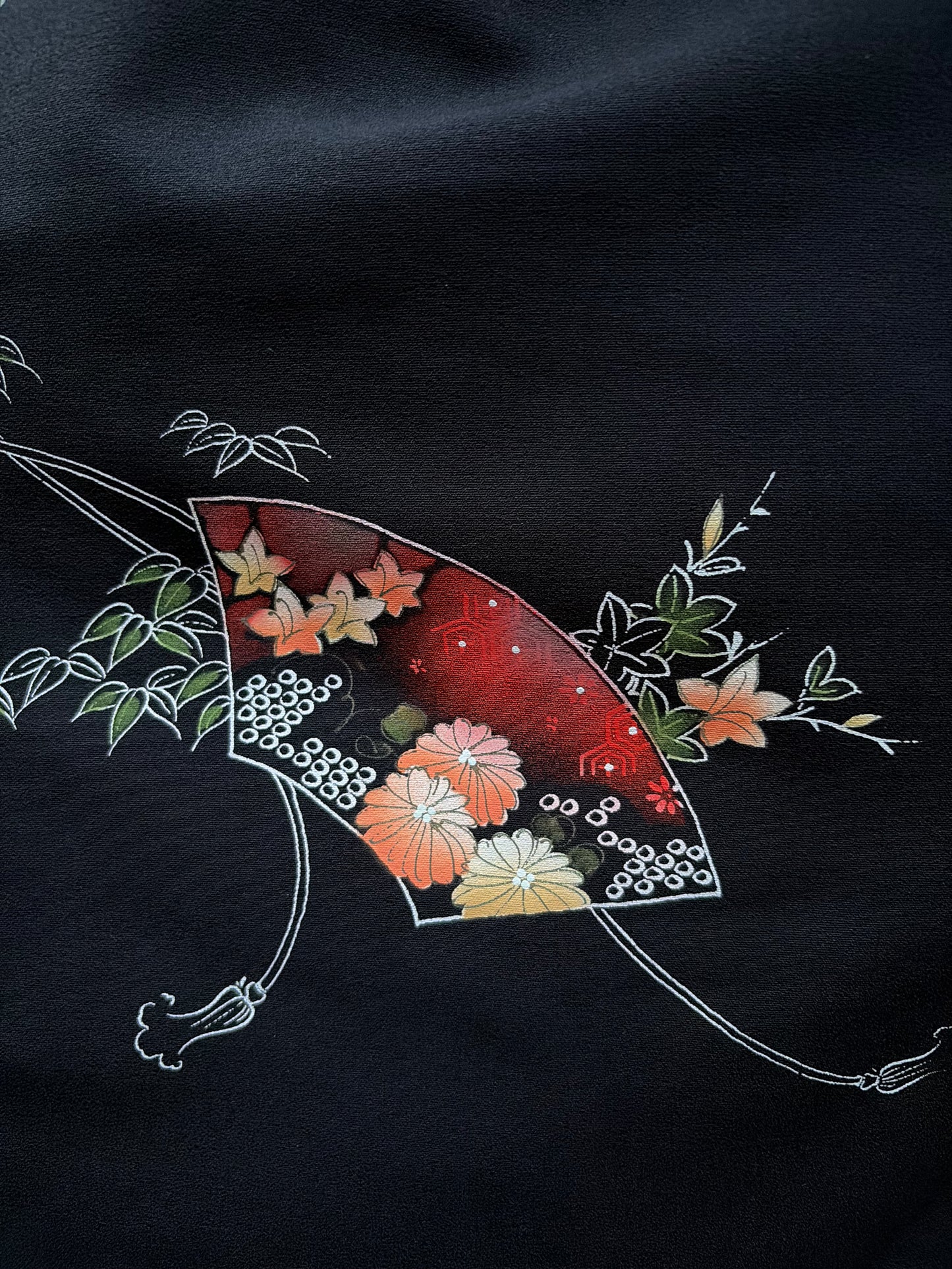 Vintage Black Haori with Hand-Painted Fan and Peony Motif