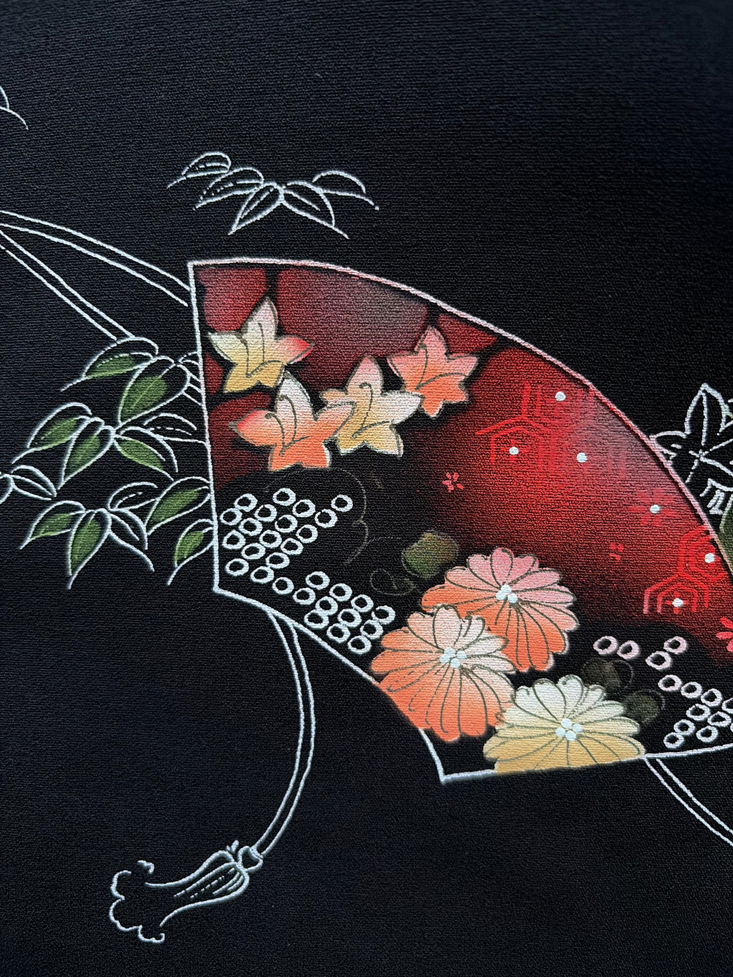Vintage Black Haori with Hand-Painted Fan and Peony Motif