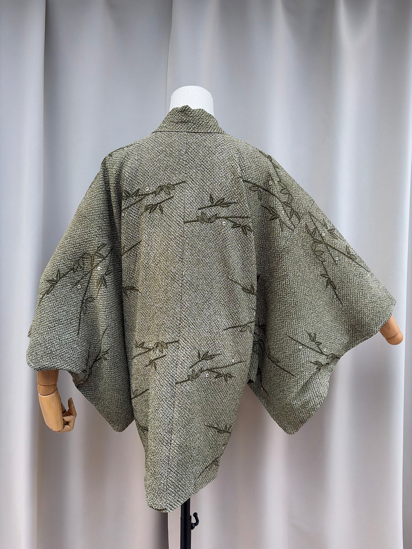 Vintage Olive Green Shibori-Style Haori with Bamboo Motif