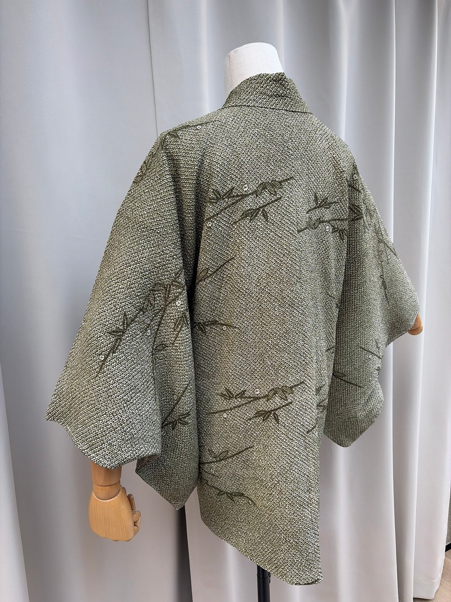 Vintage Olive Green Shibori-Style Haori with Bamboo Motif