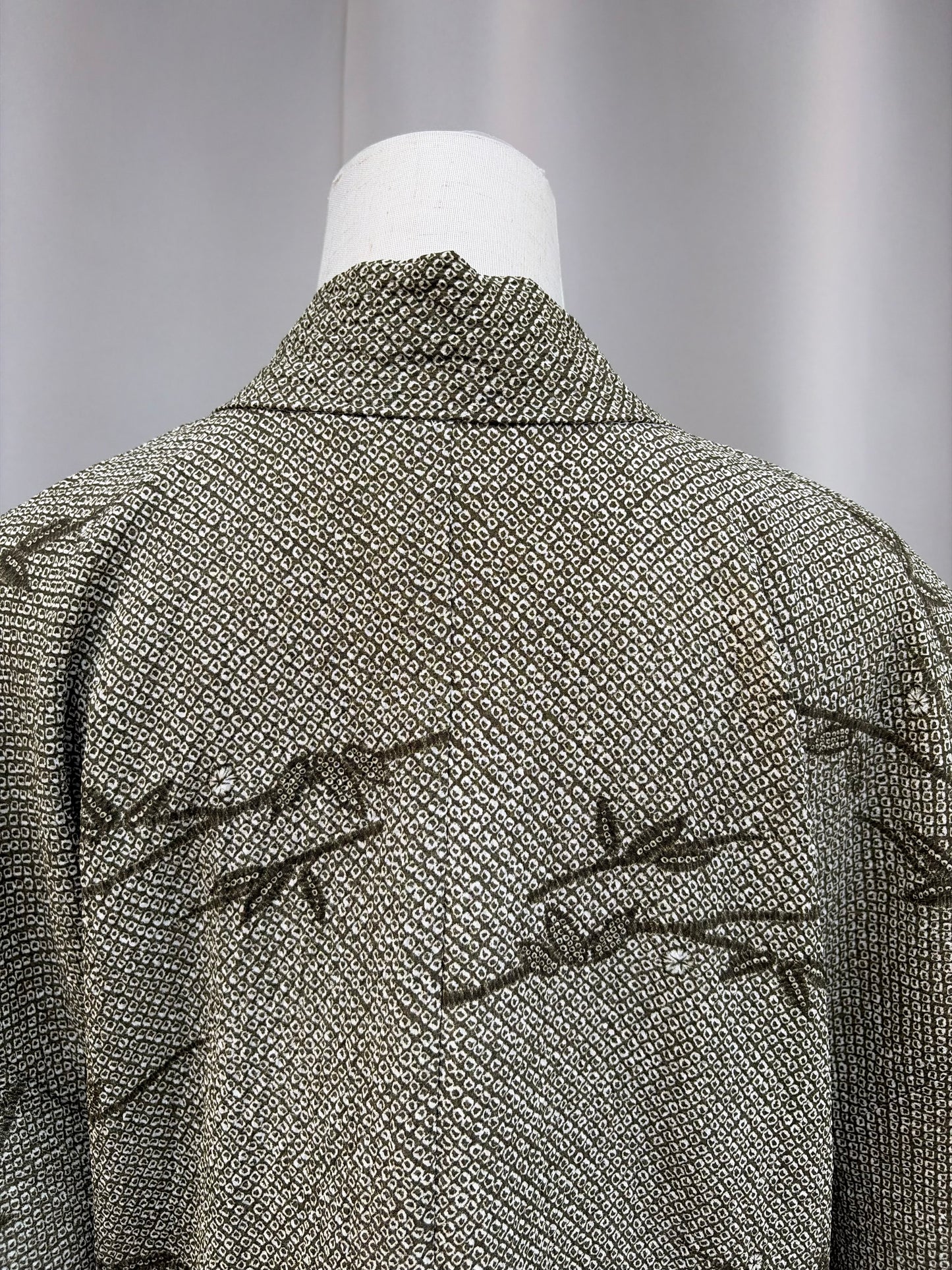 Vintage Olive Green Shibori-Style Haori with Bamboo Motif