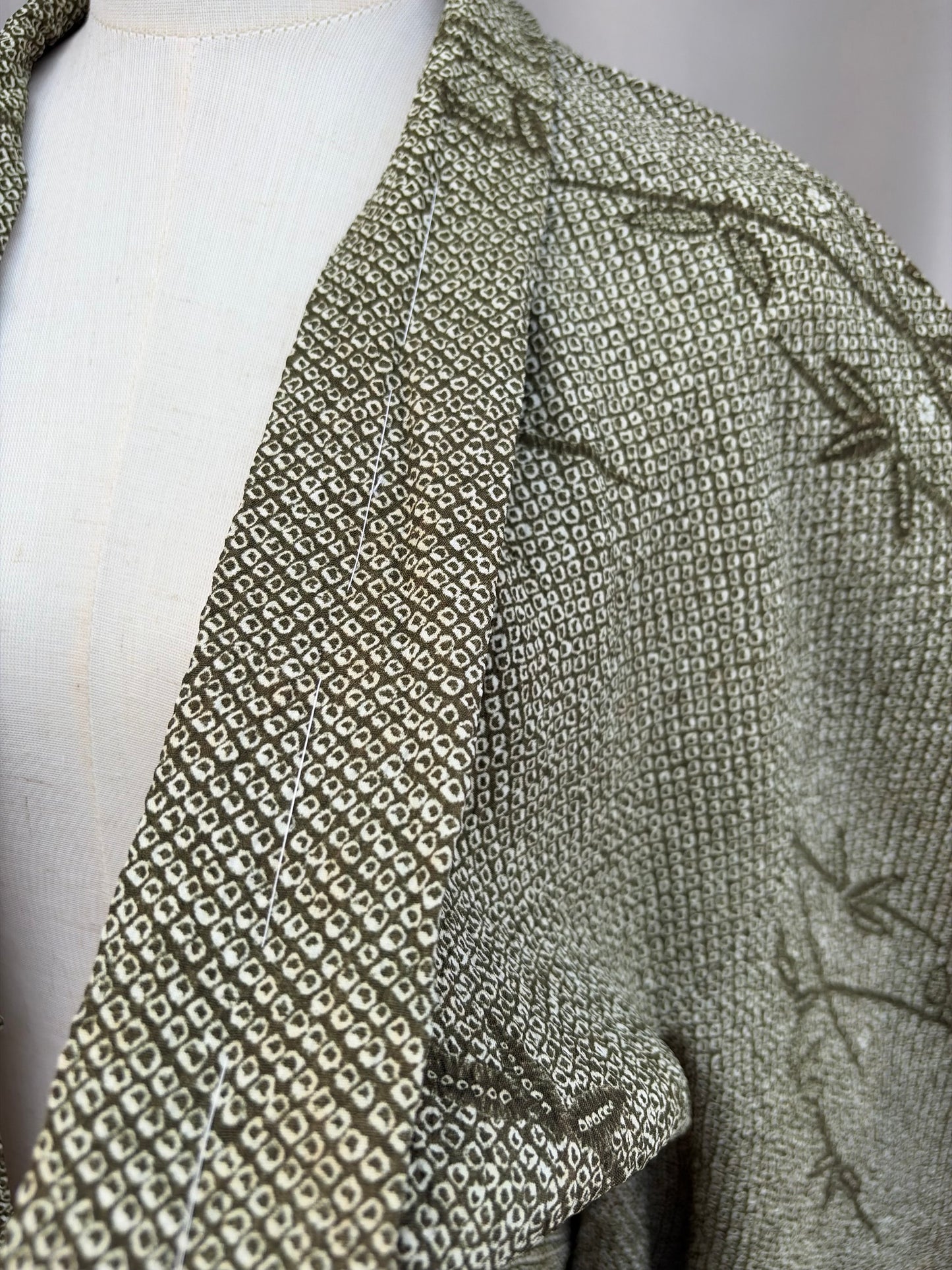 Vintage Olive Green Shibori-Style Haori with Bamboo Motif