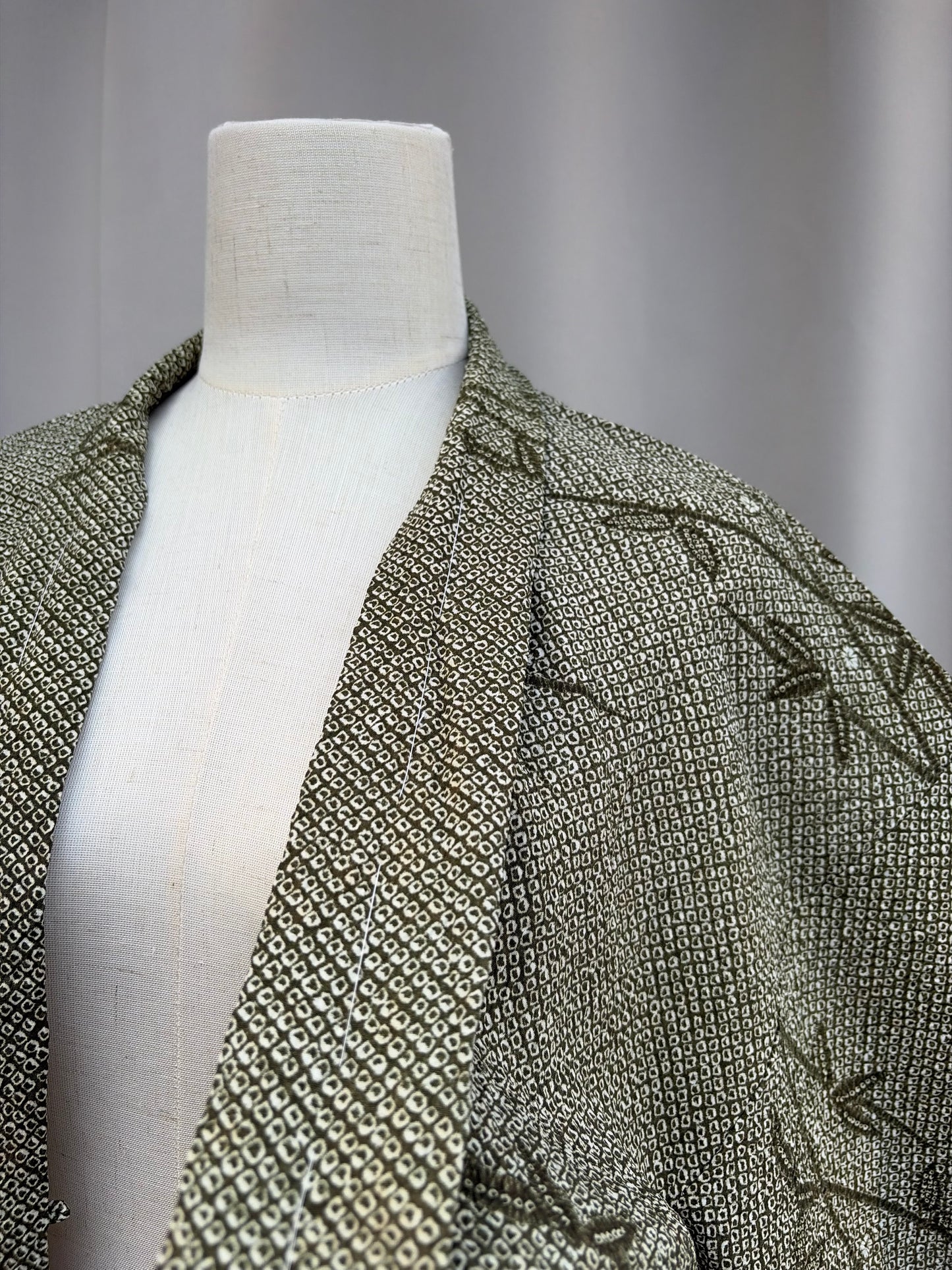 Vintage Olive Green Shibori-Style Haori with Bamboo Motif