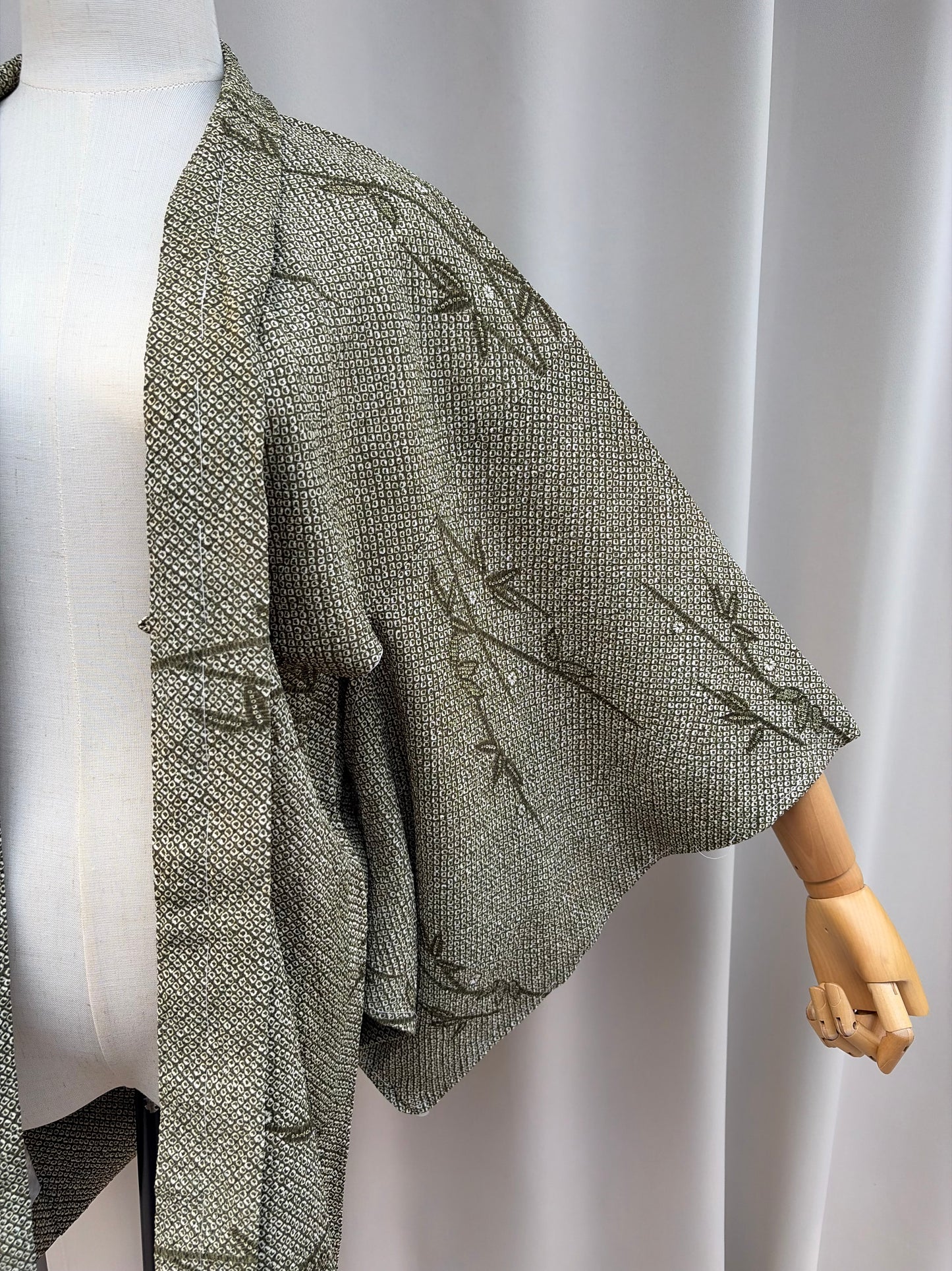 Vintage Olive Green Shibori-Style Haori with Bamboo Motif