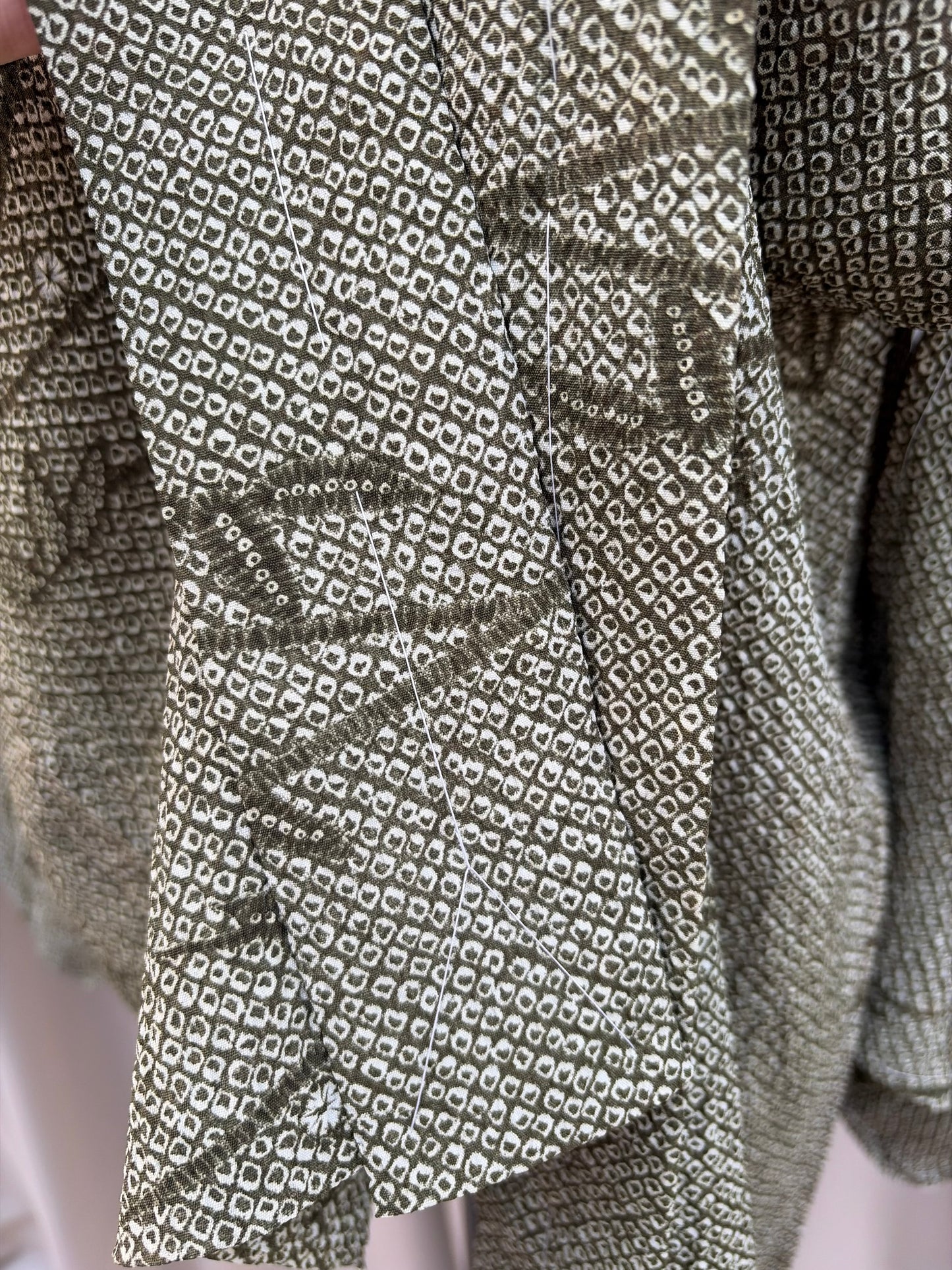 Vintage Olive Green Shibori-Style Haori with Bamboo Motif
