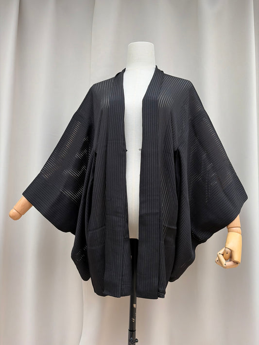 Vintage Black Sheer Silk Summer Haori with Woven Lines