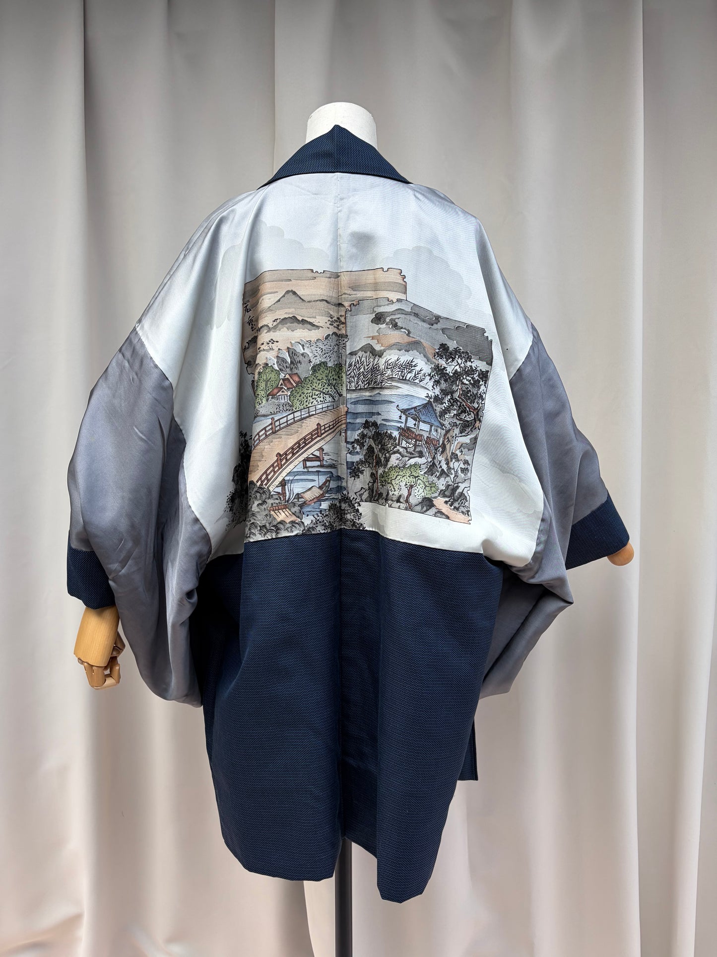 Vintage Navy Blue Haori with Sansui Landscape Painting (For Men)
