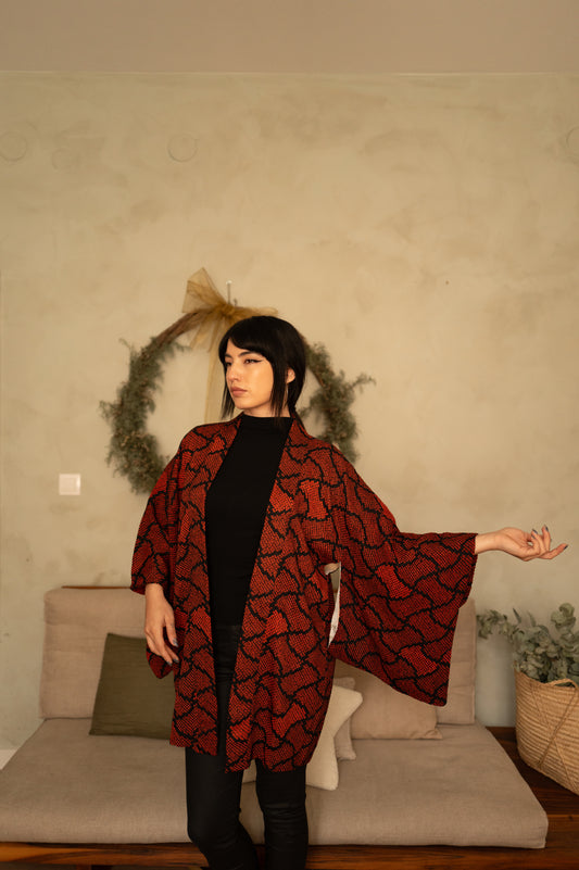 Red & Black Shibori Haori with Floral Lining