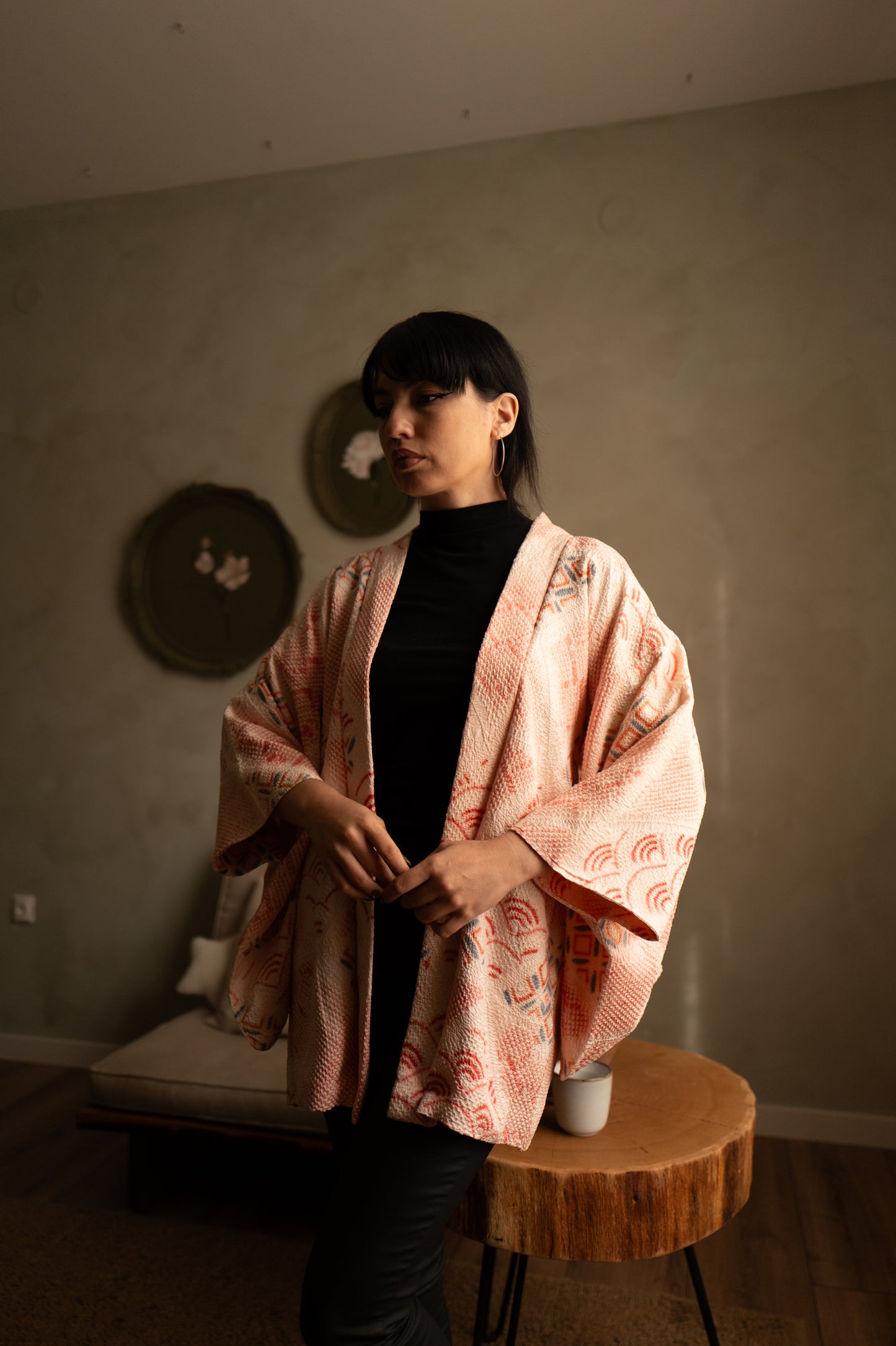 Прасковен руж и индиго Shibori Haori с мотиви Asanoha и Seigaiha