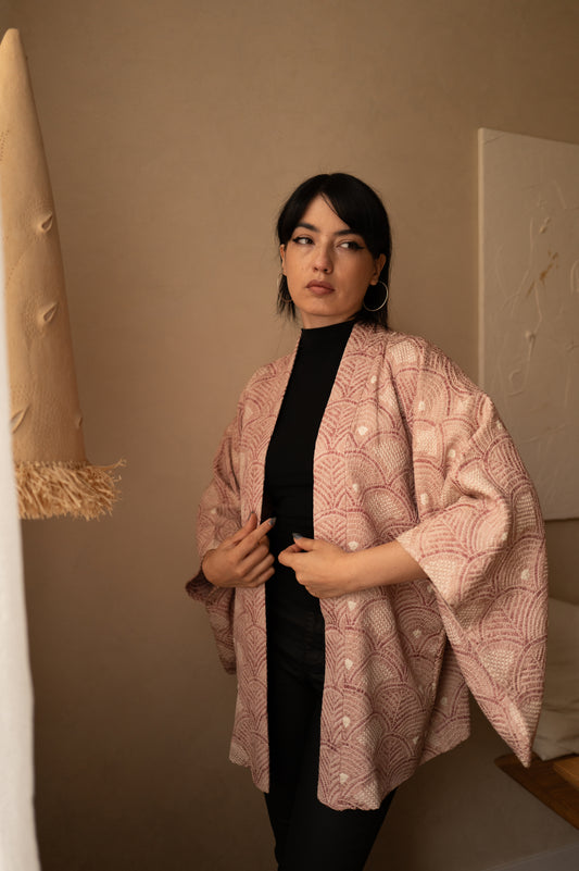 Dusty Rose Shibori Haori with Wave Motif and Playful Lining