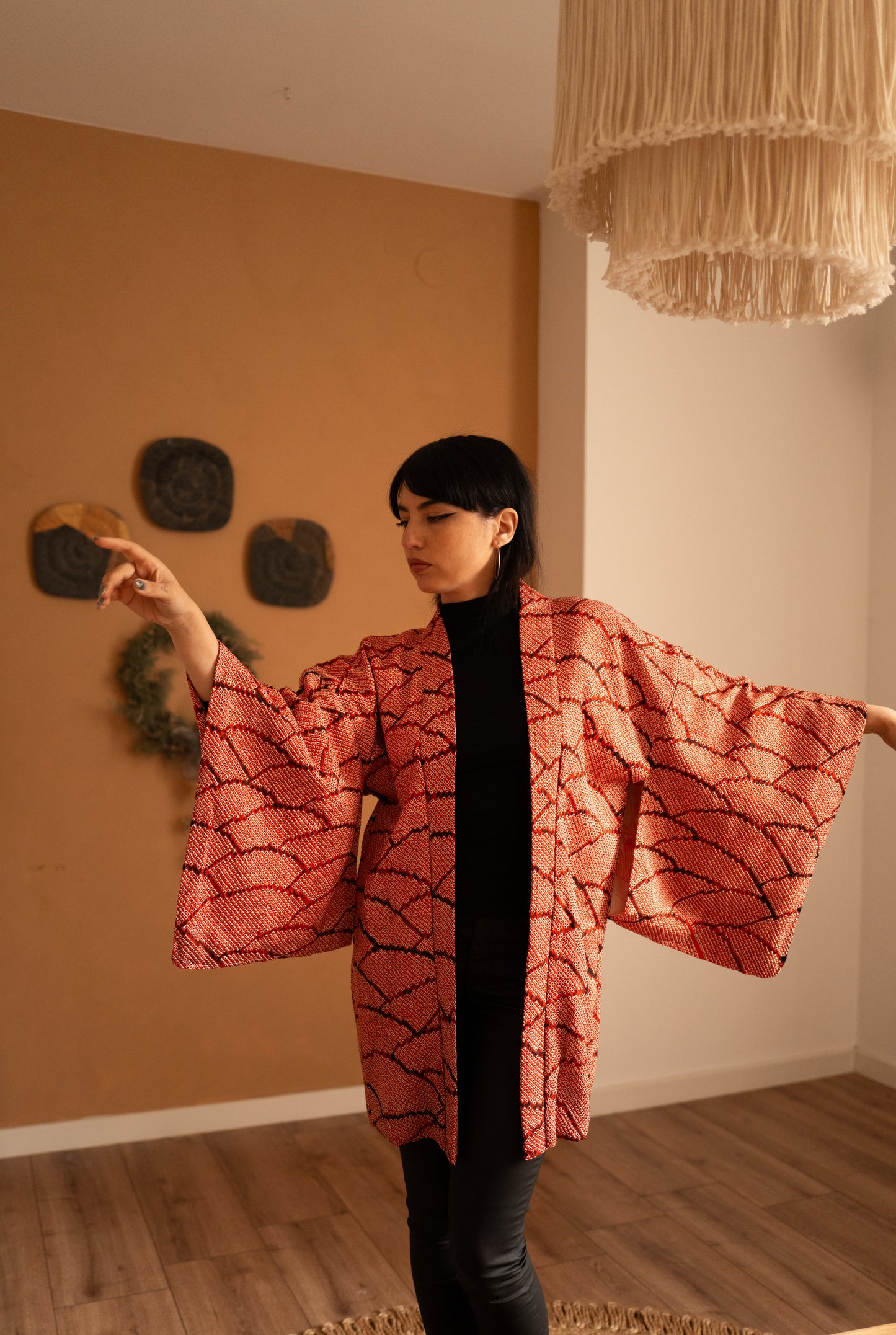Red Shibori Haori with Seigaiha Wave